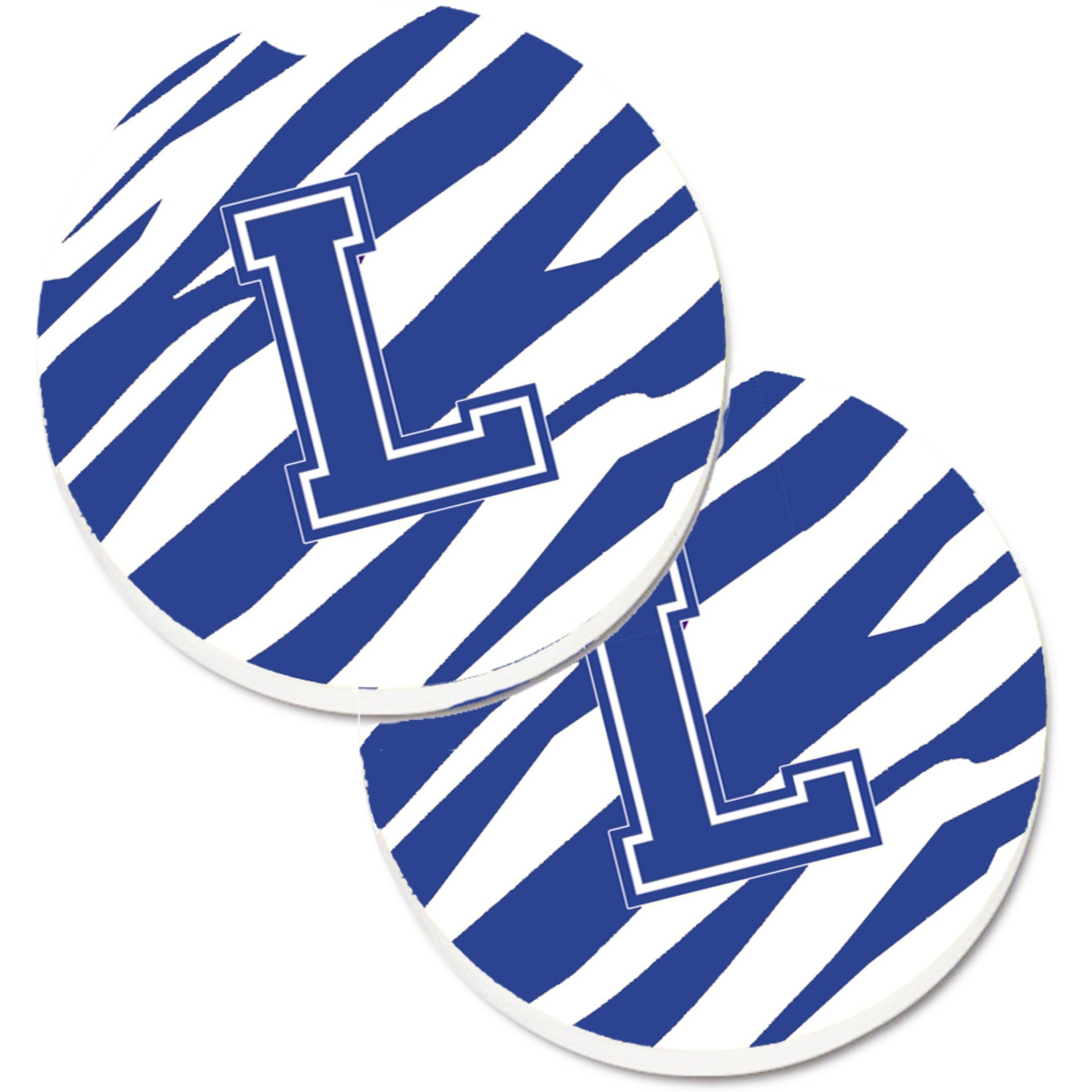 &quotCaroline's Treasures Monogram Initial L Tiger Stripe Blue & White Set of 2 Cup Holder Car Coasters CJ1034-LCARC, 2.56, Multicolor"