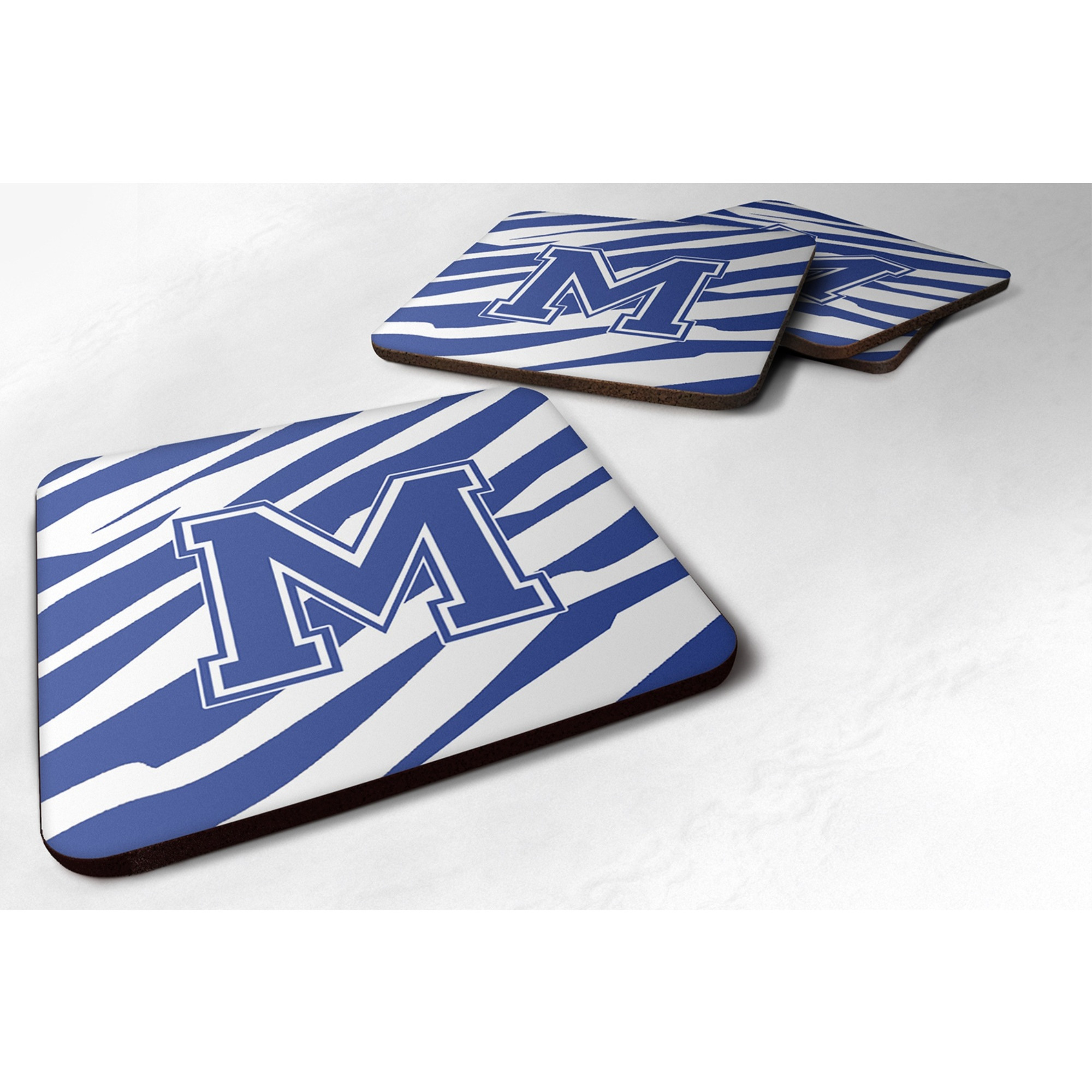 &quotCaroline's Treasures CJ1034-MFC Monogram-Tiger Stripe Blue and White Foam Coasters (Set of 4), Initial Letter M, 3.5"" H x 3.5"" W, Multicolor"