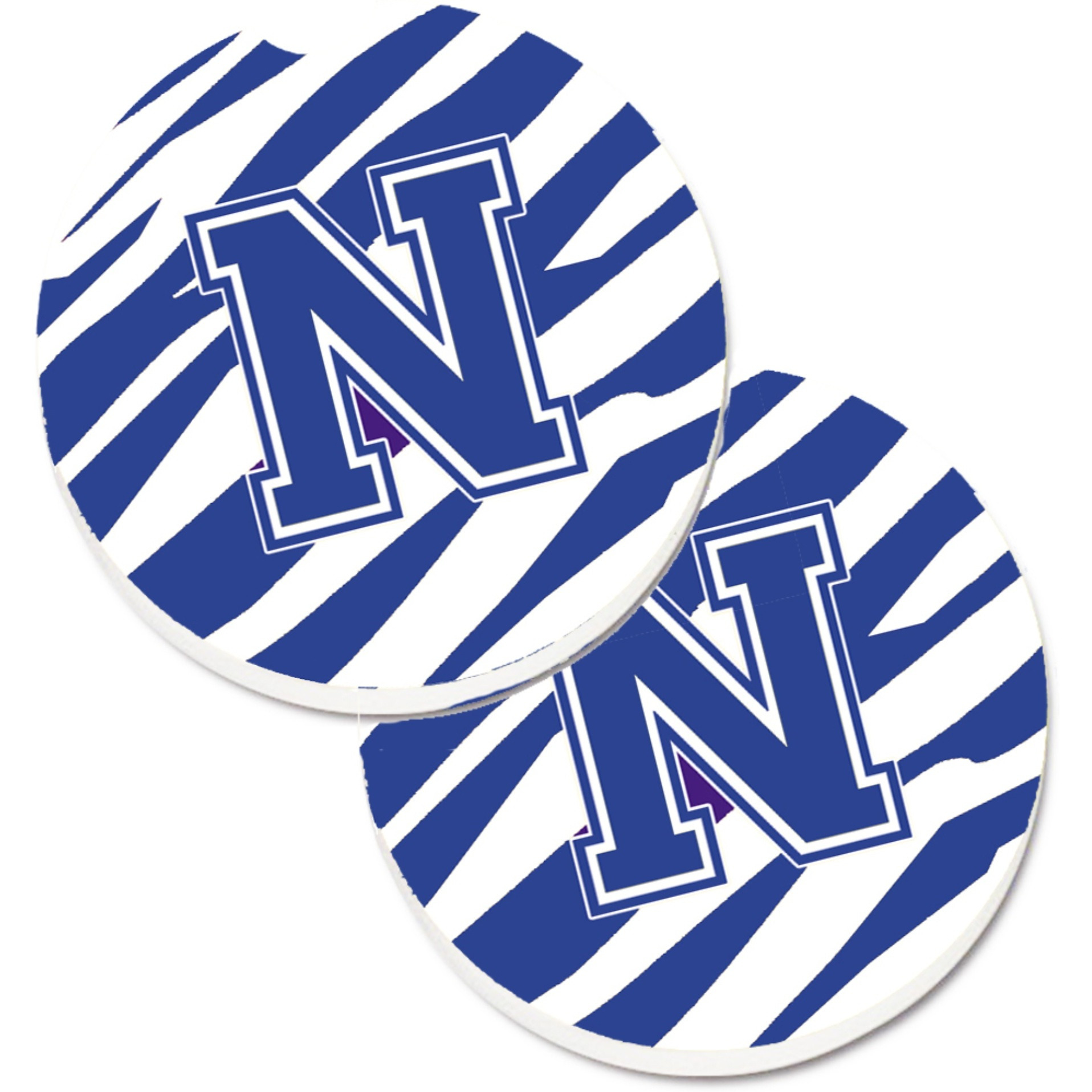 &quotCaroline's Treasures Monogram Initial N Tiger Stripe Blue & White Set of 2 Cup Holder Car Coasters CJ1034-NCARC, 2.56, Multicolor"