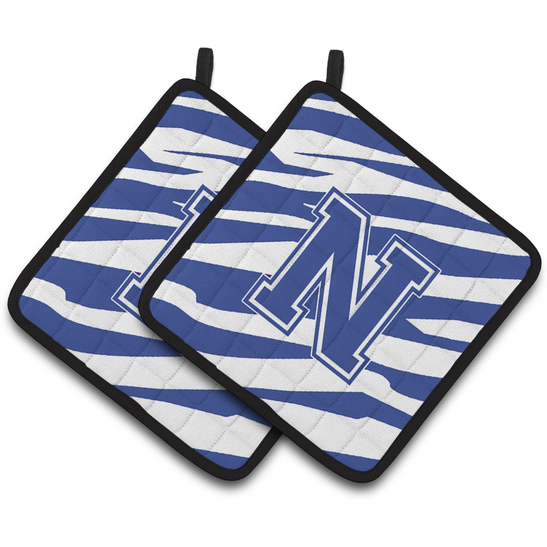 &quotCaroline's Treasures Monogram Initial N Tiger Stripe Blue & White Pair of Pot Holders CJ1034-NPTHD, 7.5HX7.5W, Multicolor"