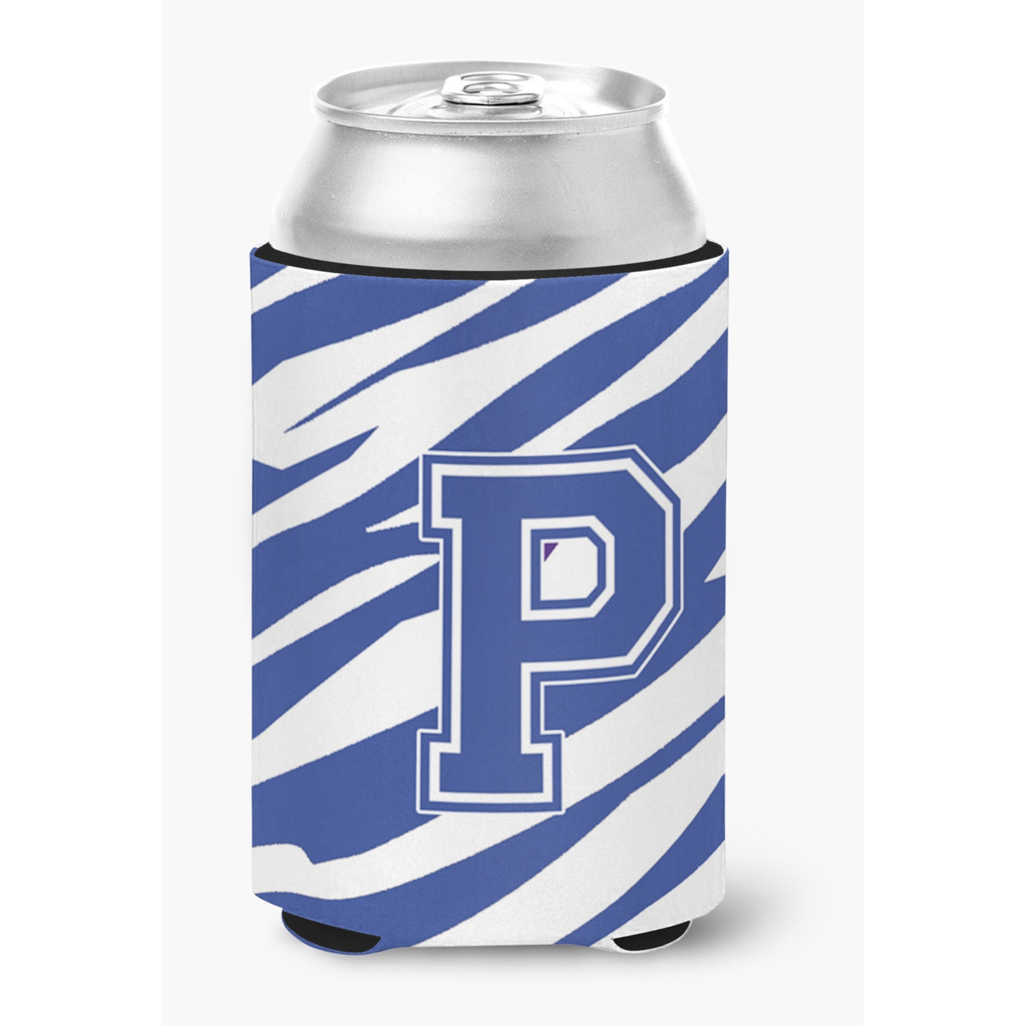 Letter P Initial Monogram - Tiger Stripe Blue and White Can Beverage Insulator Hugger
