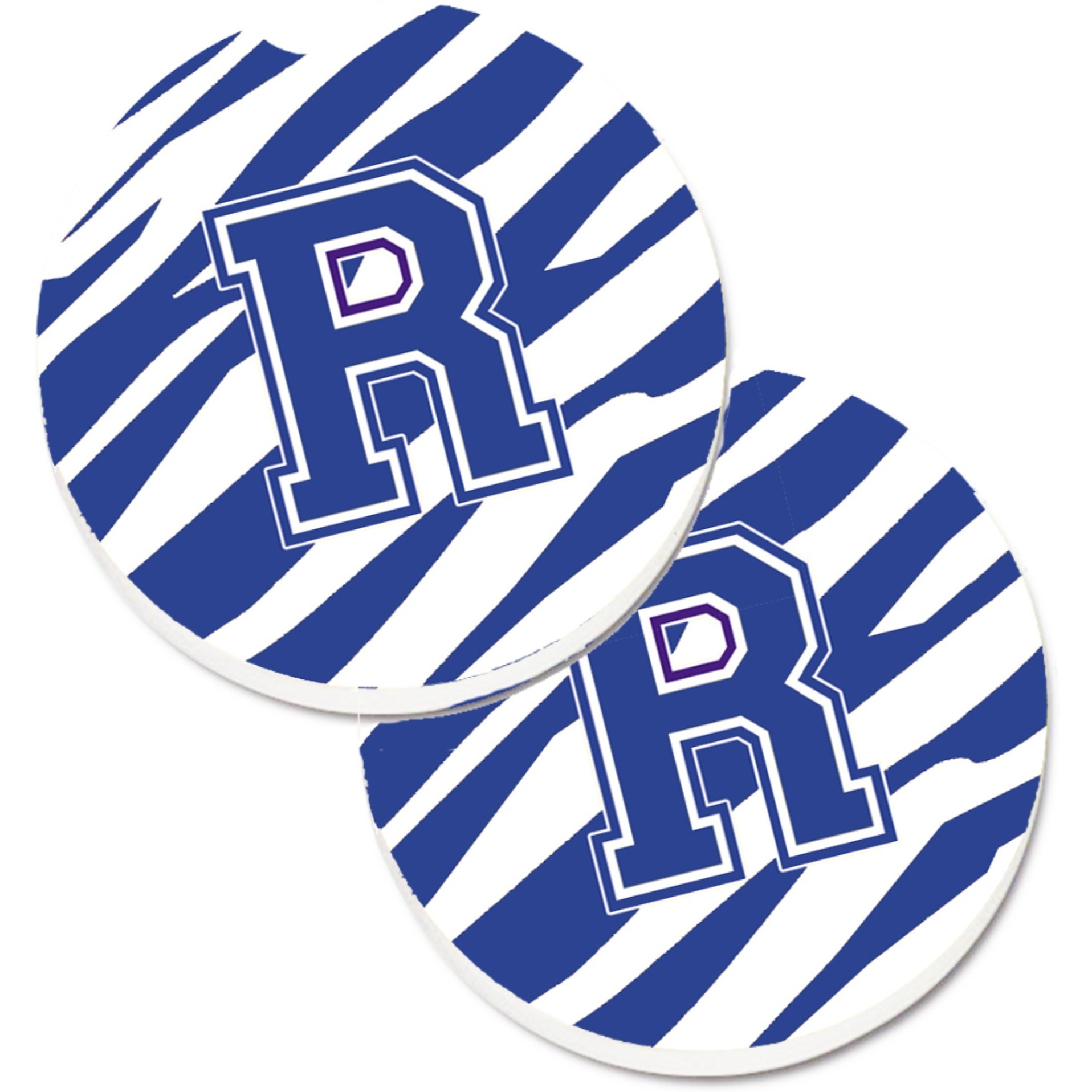 &quotCaroline's Treasures Monogram Initial R Tiger Stripe Blue & White Set of 2 Cup Holder Car Coasters CJ1034-RCARC, 2.56, Multicolor"