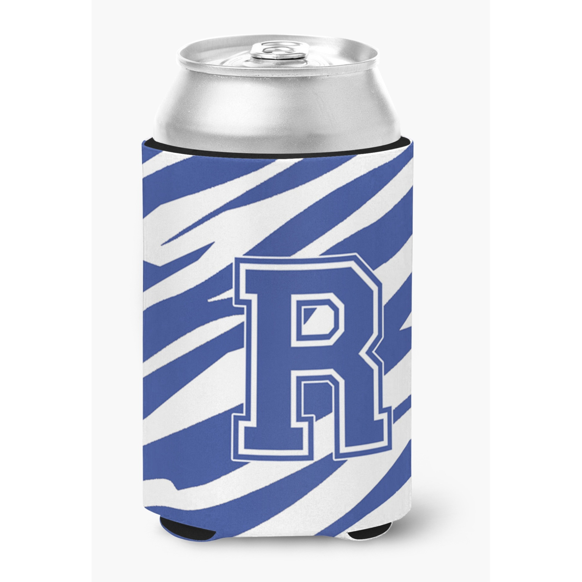 Letter R Initial Monogram - Tiger Stripe Blue and White Can Beverage Insulator Hugger