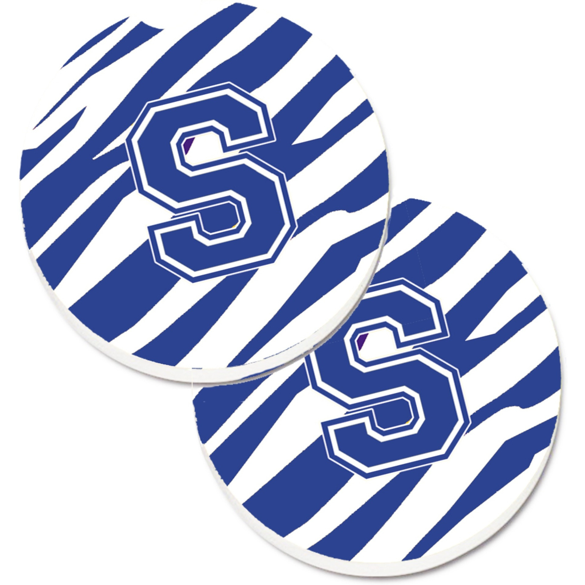 &quotCaroline's Treasures Monogram Initial S Tiger Stripe Blue & White Set of 2 Cup Holder Car Coasters CJ1034-SCARC, 2.56, Multicolor"