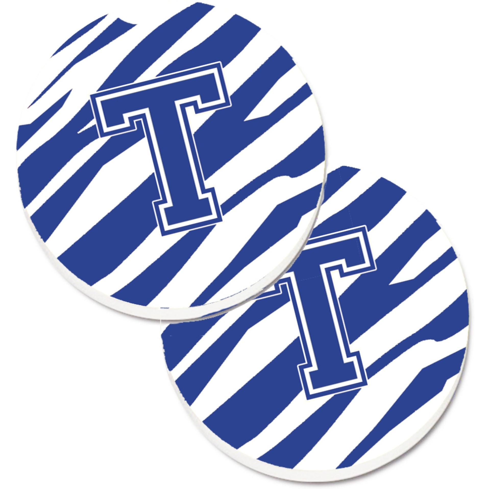 &quotCaroline's Treasures Monogram Initial T Tiger Stripe Blue & White Set of 2 Cup Holder Car Coasters CJ1034-TCARC, 2.56, Multicolor"