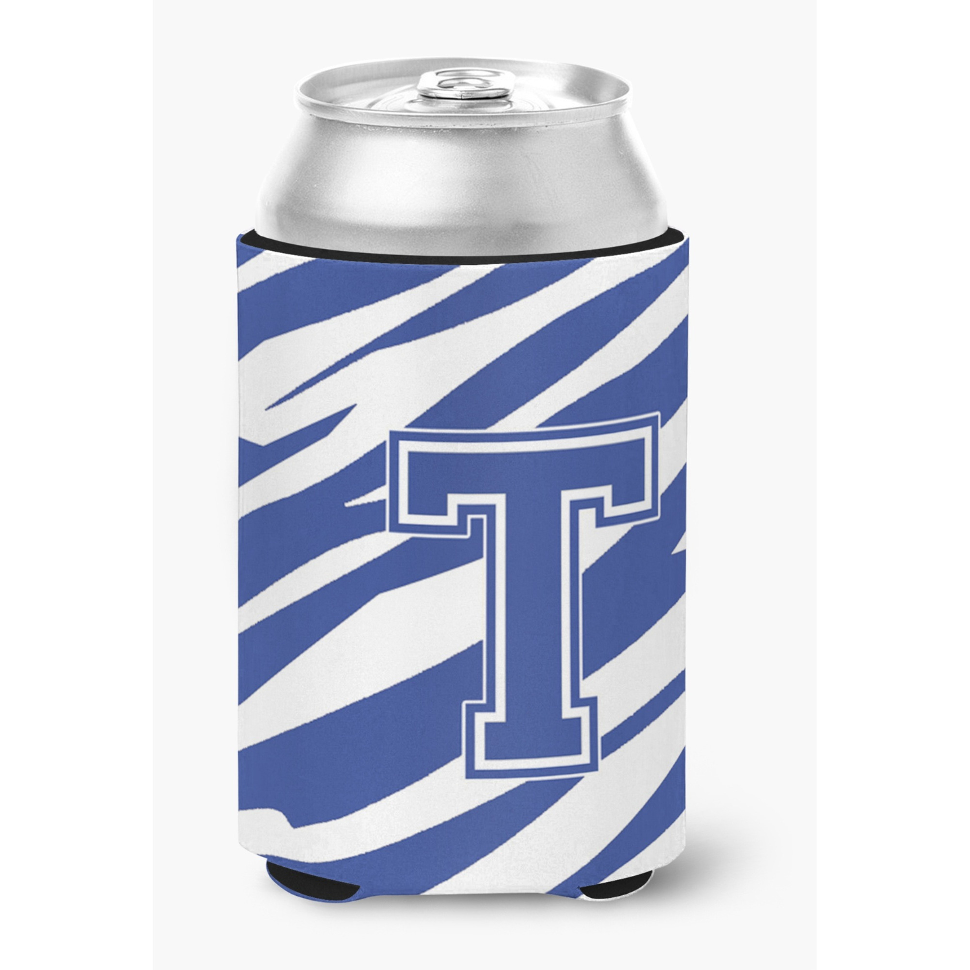 Letter T Initial Monogram - Tiger Stripe Blue and White Can Beverage Insulator Hugger