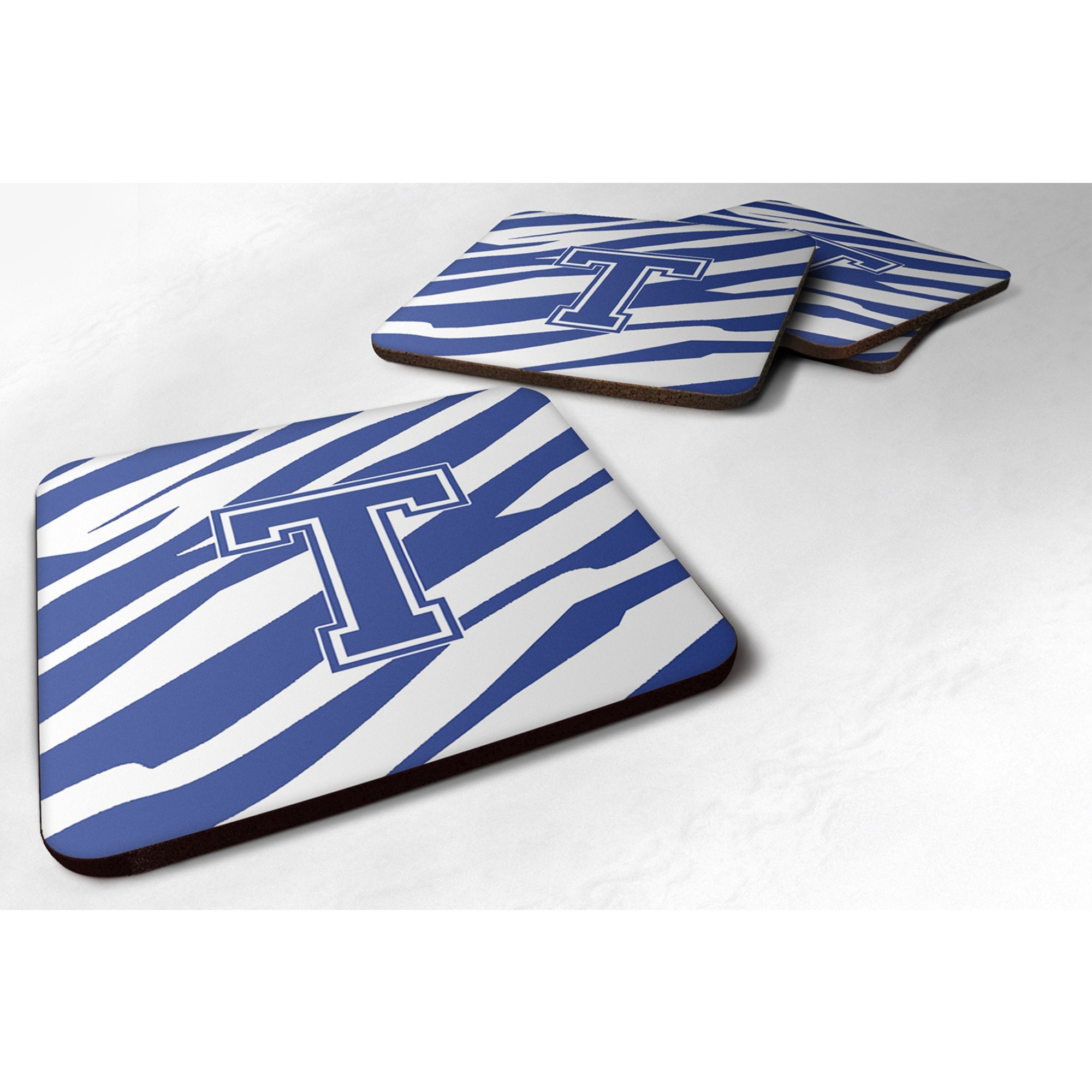 &quotCaroline's Treasures CJ1034-TFC Monogram-Tiger Stripe Blue and White Foam Coasters (Set of 4), Initial Letter T, 3.5"" H x 3.5"" W, Multicolor"