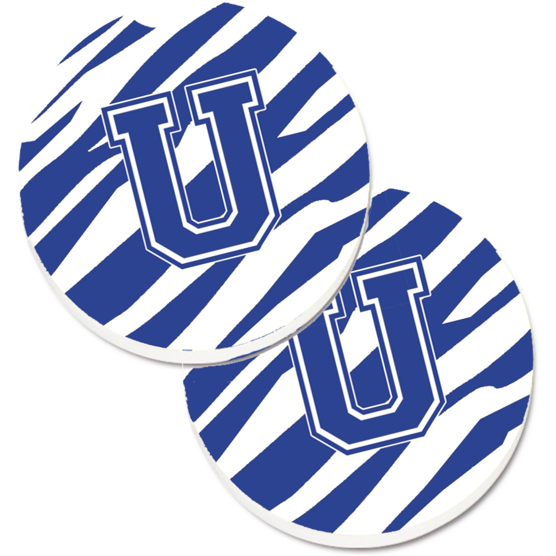 &quotCaroline's Treasures Monogram Initial U Tiger Stripe Blue & White Set of 2 Cup Holder Car Coasters CJ1034-UCARC, 2.56, Multicolor"