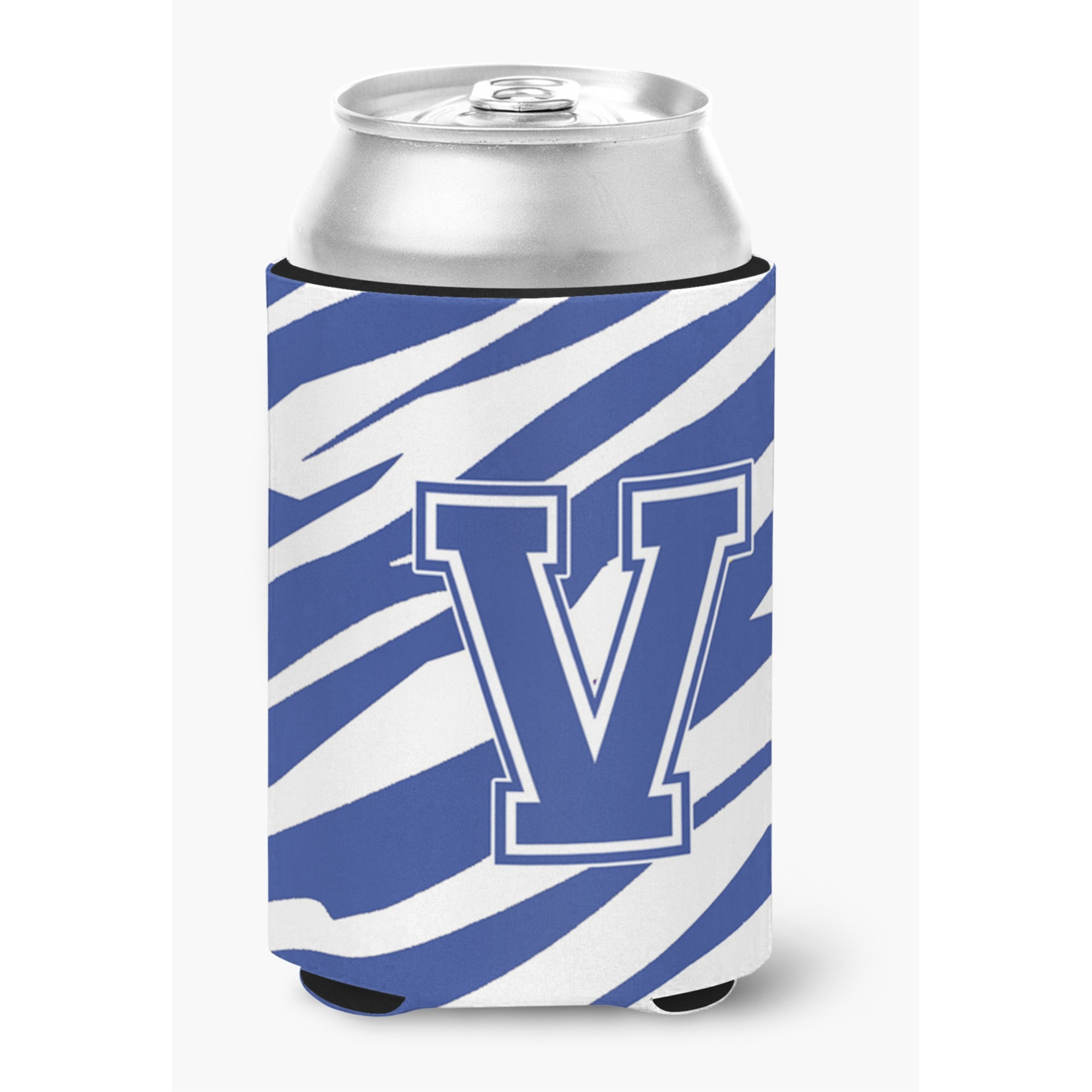 Letter V Initial Monogram - Tiger Stripe Blue and White Can Beverage Insulator Hugger