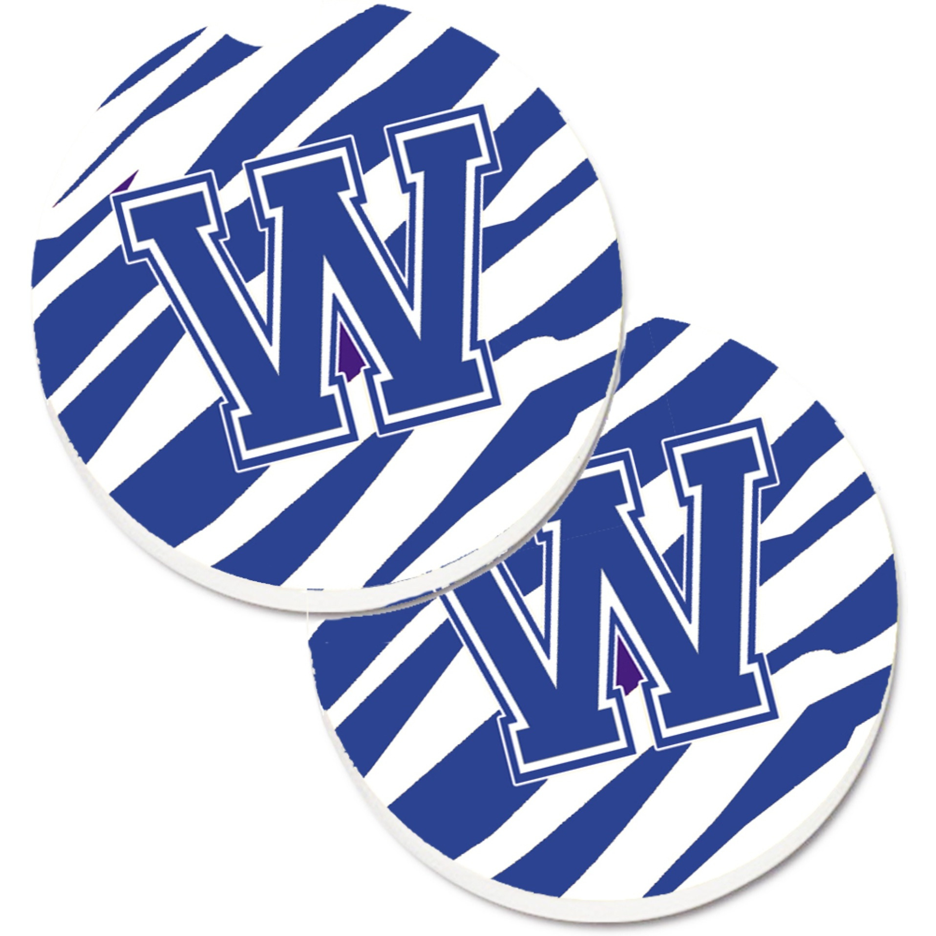 &quotCaroline's Treasures Monogram Initial W Tiger Stripe Blue & White Set of 2 Cup Holder Car Coasters CJ1034-WCARC, 2.56, Multicolor"