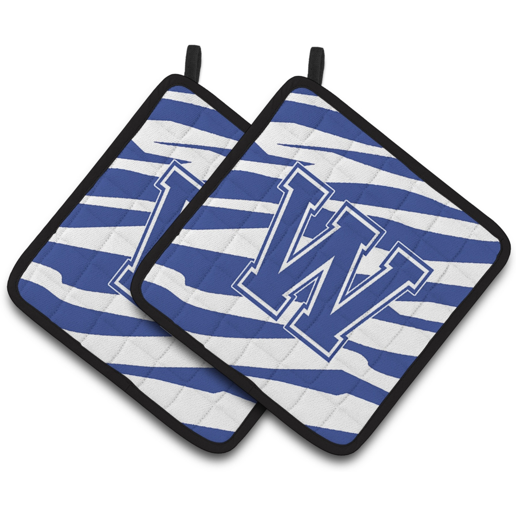 &quotCaroline's Treasures Monogram Initial W Tiger Stripe Blue & White Pair of Pot Holders CJ1034-WPTHD, 7.5HX7.5W, Multicolor"