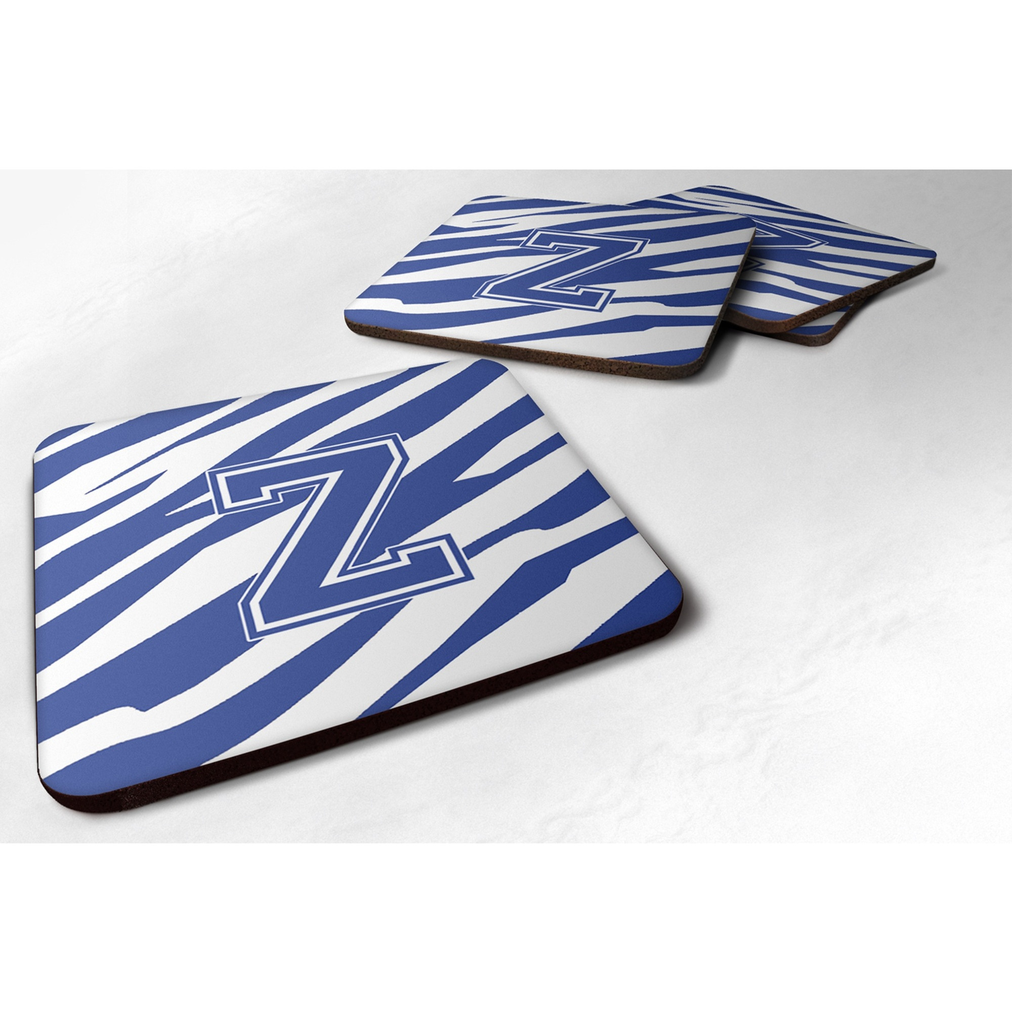 &quotCaroline's Treasures CJ1034-ZFC Monogram-Tiger Stripe Blue and White Foam Coasters (Set of 4), Initial Letter Z, 3.5"" H x 3.5"" W, Multicolor"