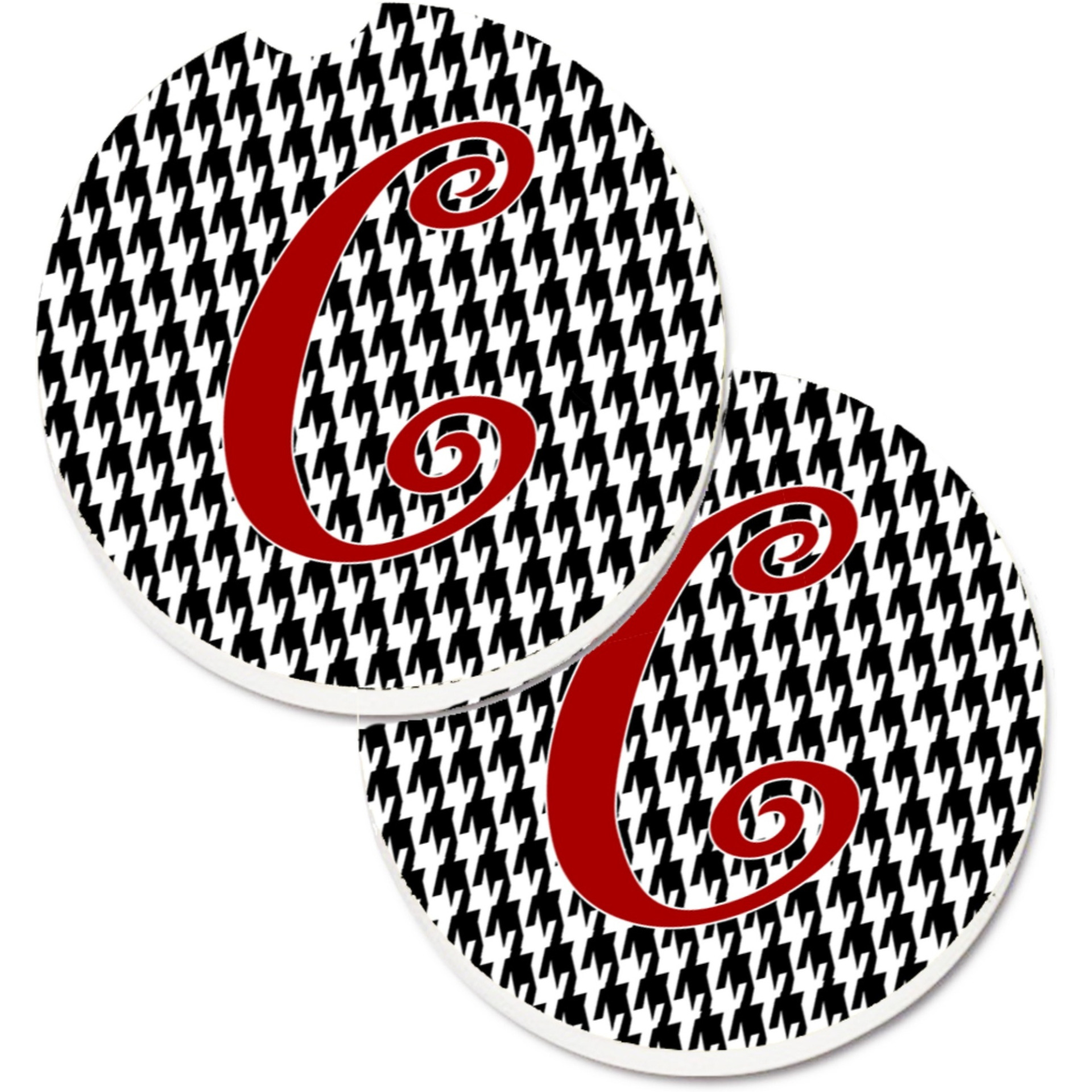 &quotCaroline's Treasures Monogram Initial C Houndstooth black Set of 2 Cup Holder Car Coasters CJ1035-CCARC, 2.56, Multicolor"