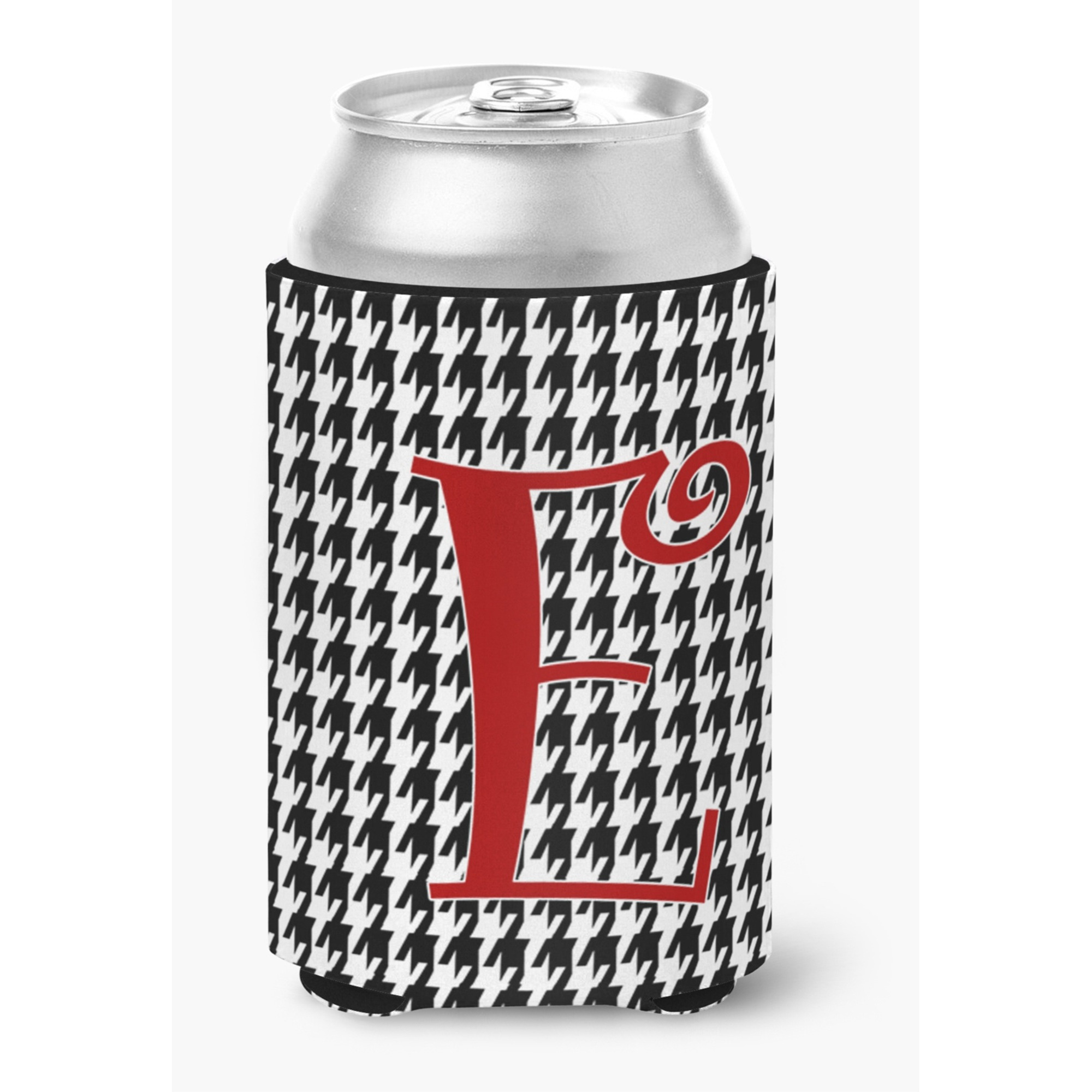 Letter E Initial Monogram - Houndstooth Black Can or Bottle Beverage Insulator Hugger