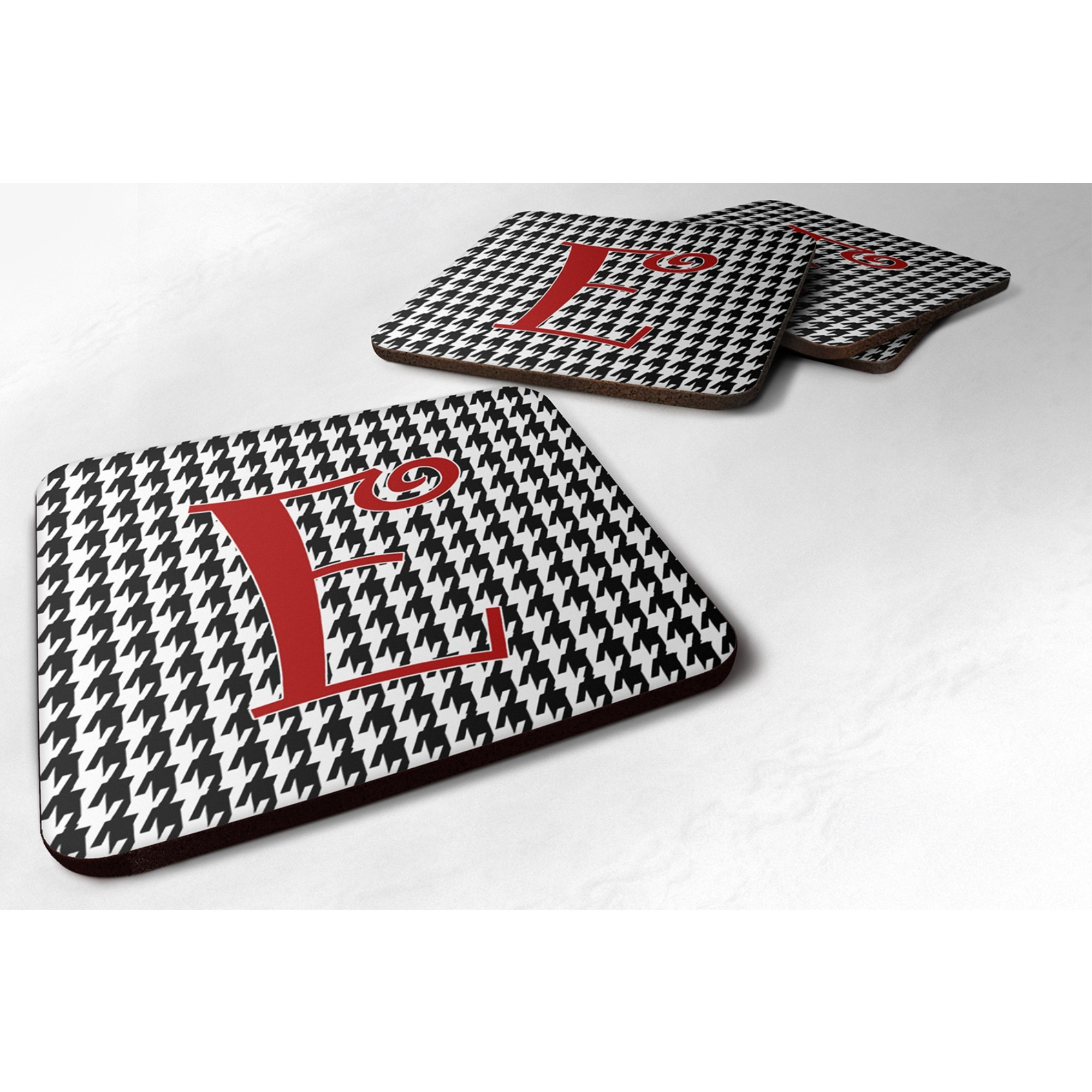 &quotCaroline's Treasures CJ1035-EFC Monogram-Houndstooth Black Foam Coasters (Set of 4), Initial Letter E, 3.5"" H x 3.5"" W, Multicolor"