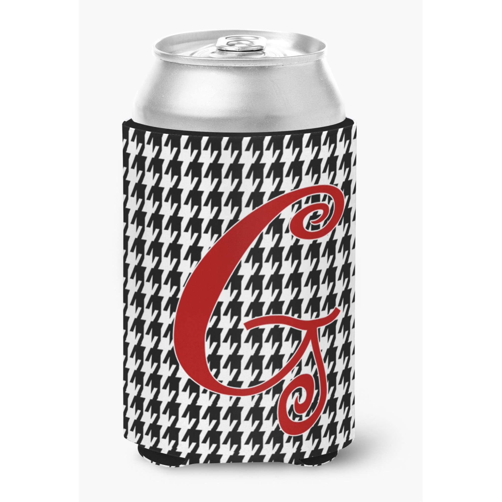 Letter G Initial Monogram - Houndstooth Black Can or Bottle Beverage Insulator Hugger
