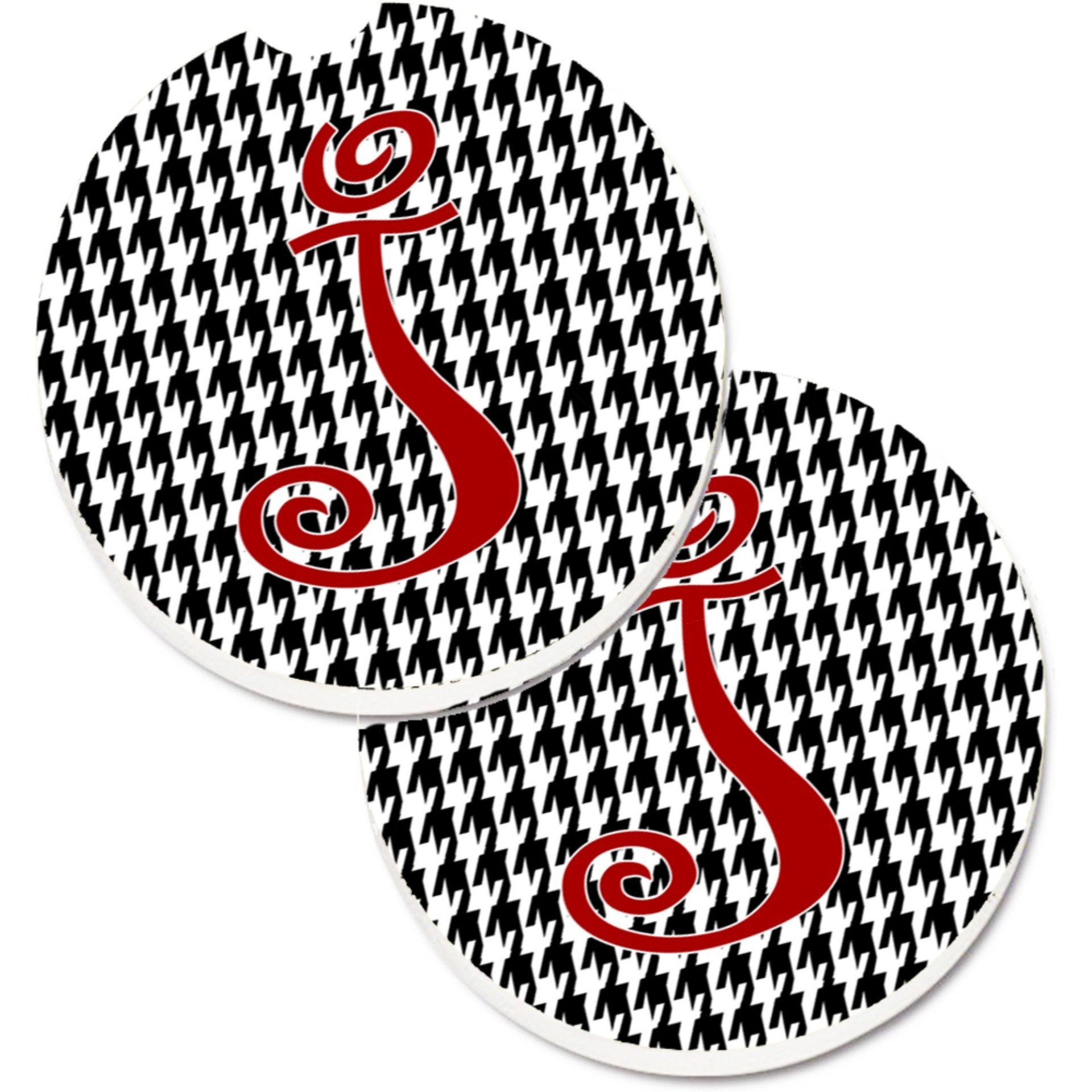 &quotCaroline's Treasures Monogram Initial J Houndstooth black Set of 2 Cup Holder Car Coasters CJ1035-JCARC, 2.56, Multicolor"
