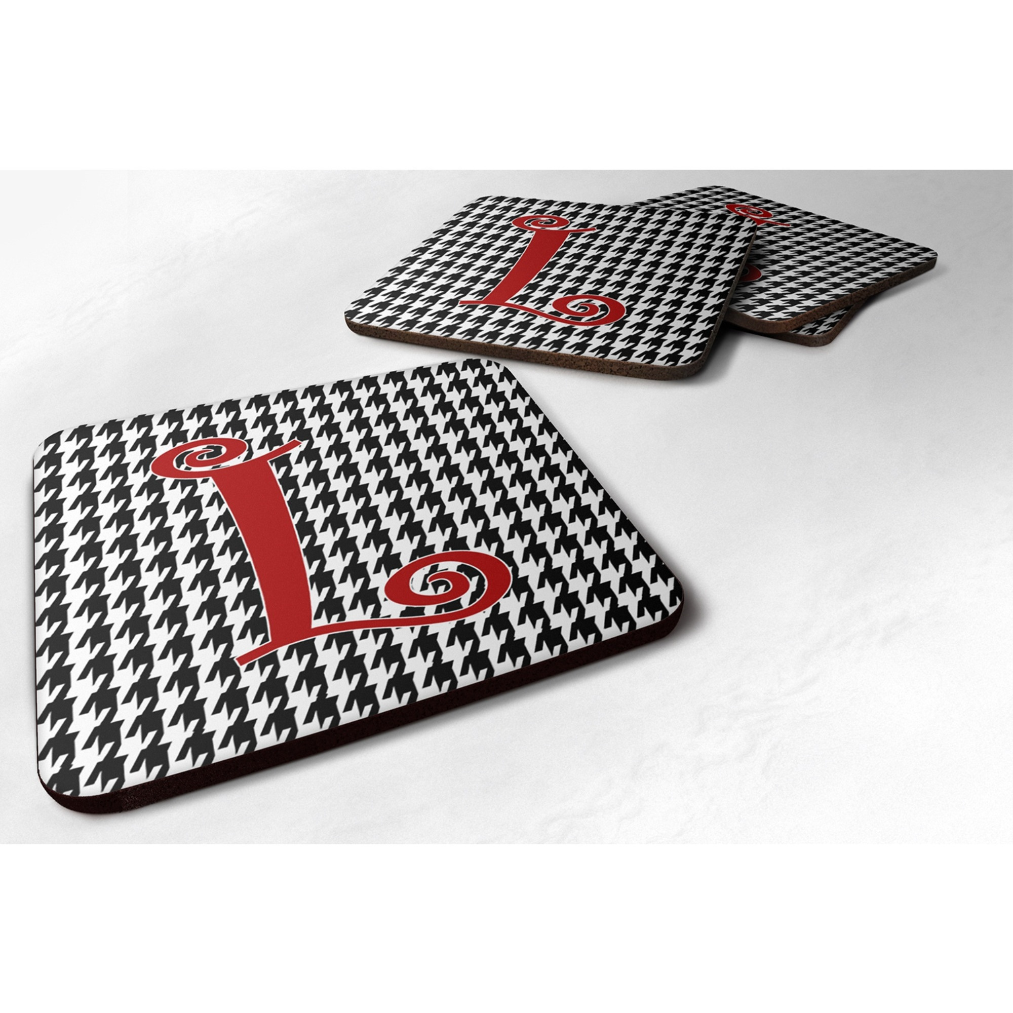 &quotCaroline's Treasures CJ1035-LFC Monogram-Houndstooth Black Foam Coasters (Set of 4), Initial Letter L, 3.5"" H x 3.5"" W, Multicolor"