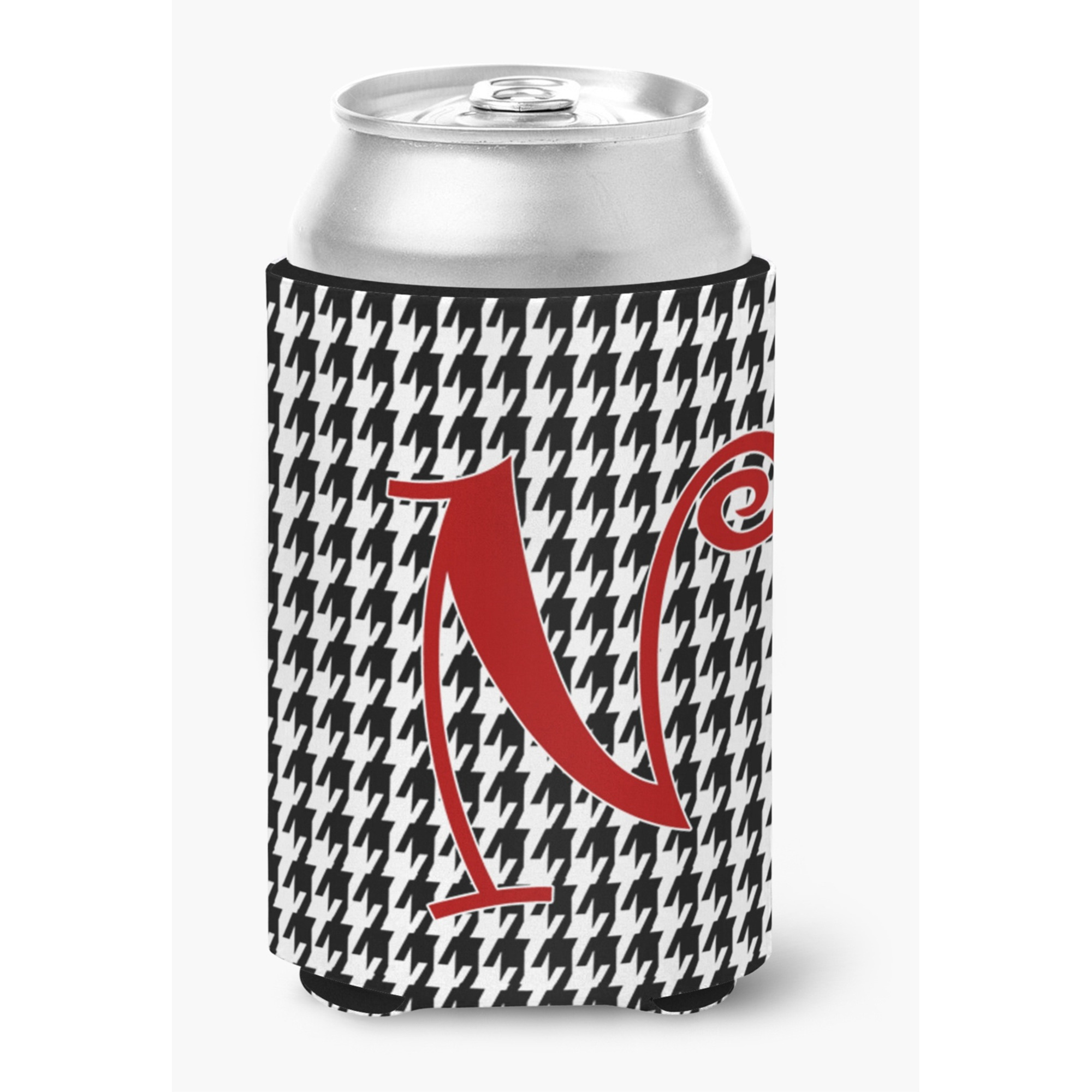 Letter N Initial Monogram - Houndstooth Black Can or Bottle Beverage Insulator Hugger