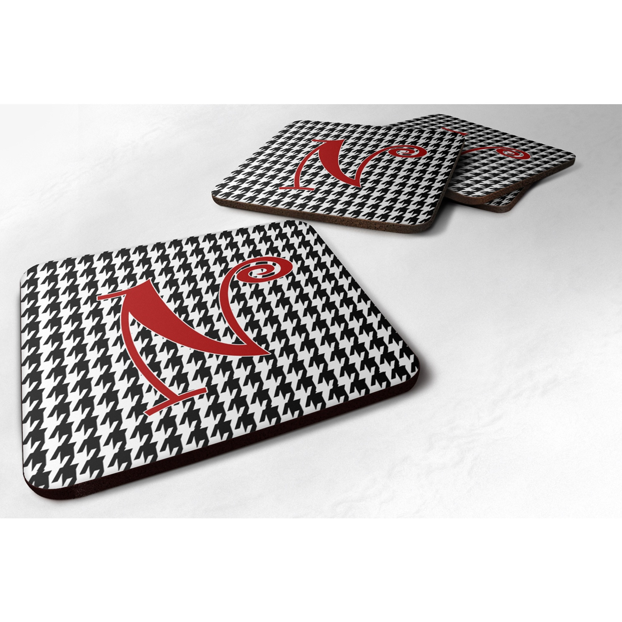 &quotCaroline's Treasures CJ1035-NFC Monogram-Houndstooth Black Foam Coasters (Set of 4), Initial Letter N, 3.5"" H x 3.5"" W, Multicolor"