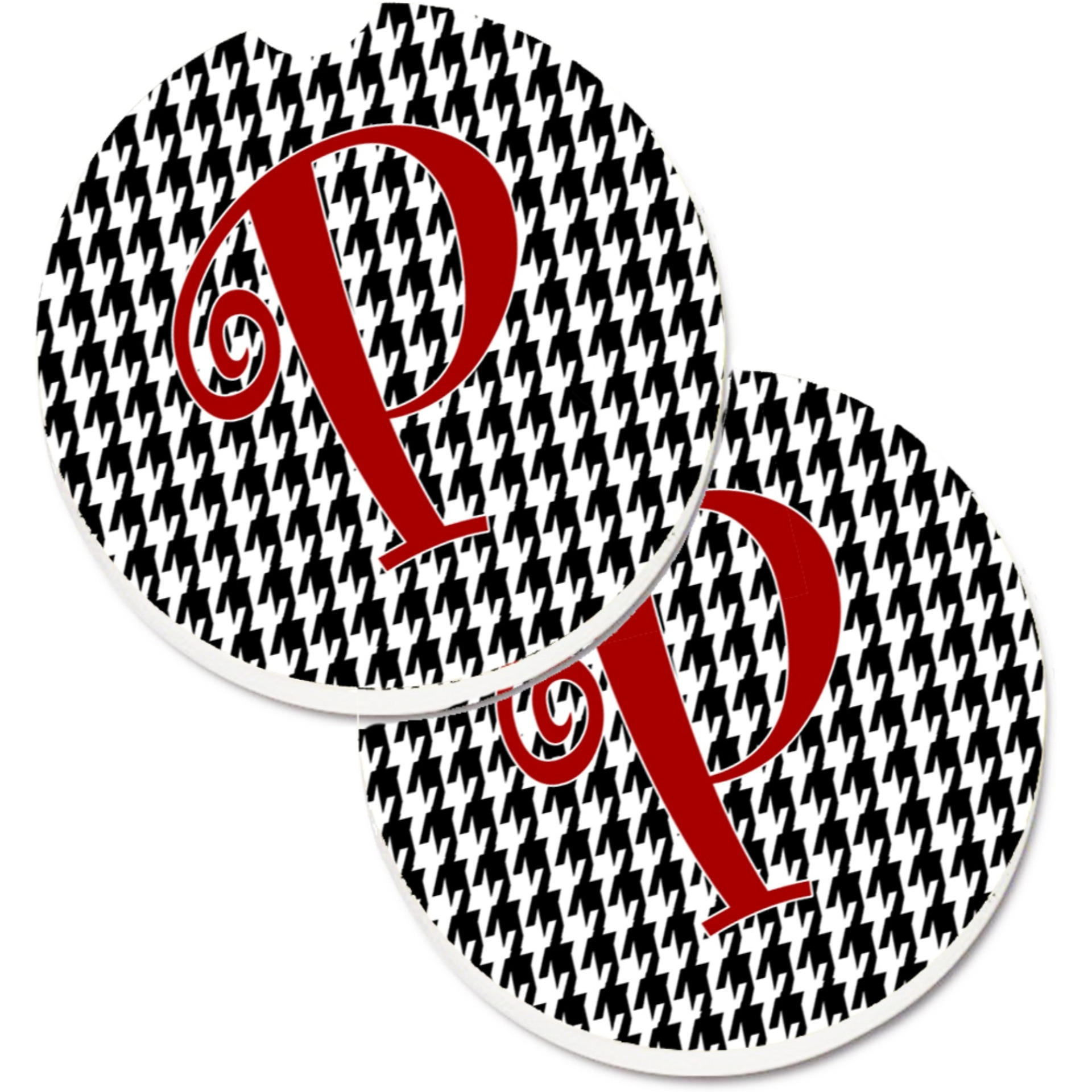 &quotCaroline's Treasures Monogram Initial P Houndstooth black Set of 2 Cup Holder Car Coasters CJ1035-PCARC, 2.56, Multicolor"