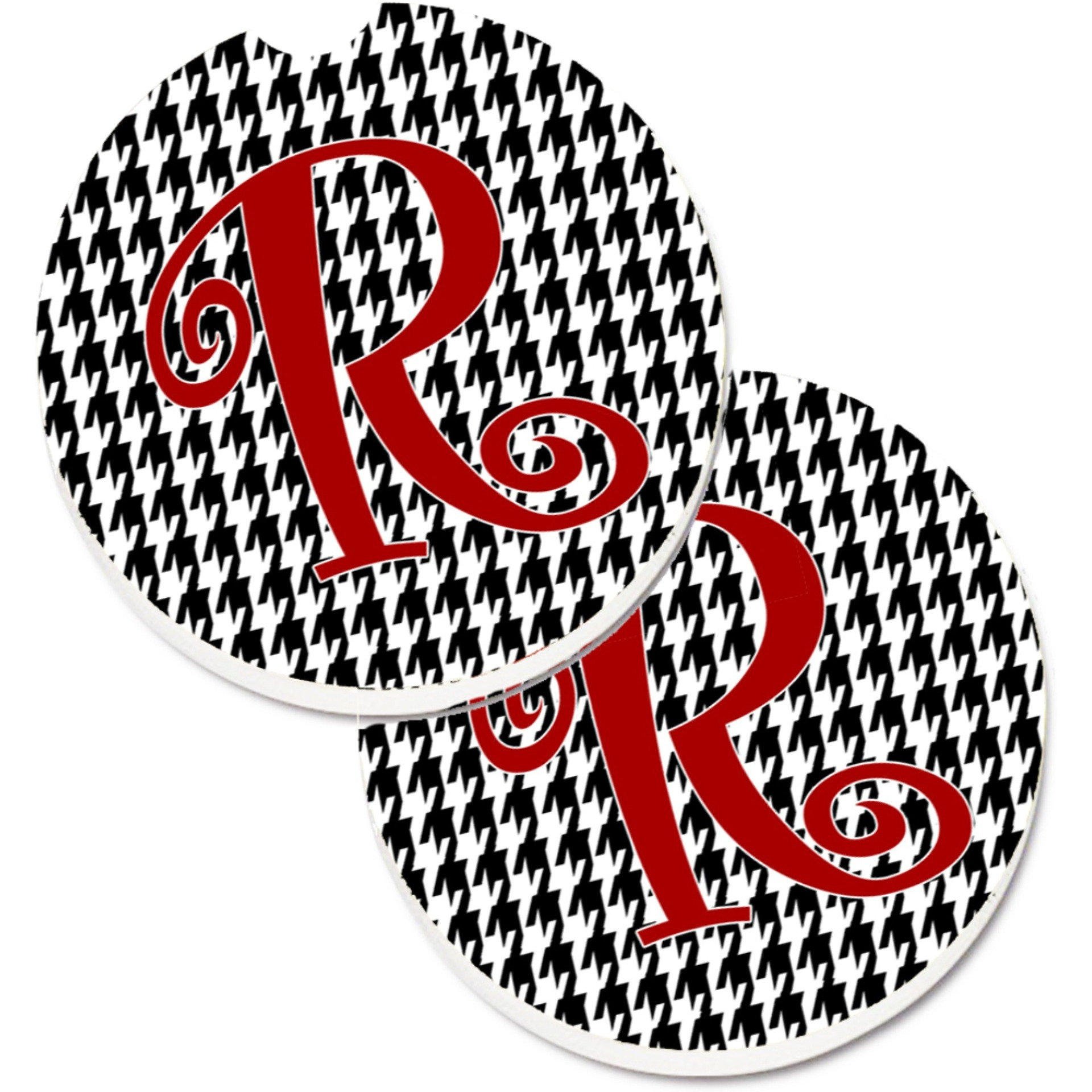 &quotCaroline's Treasures Monogram Initial R Houndstooth black Set of 2 Cup Holder Car Coasters CJ1035-RCARC, 2.56, Multicolor"