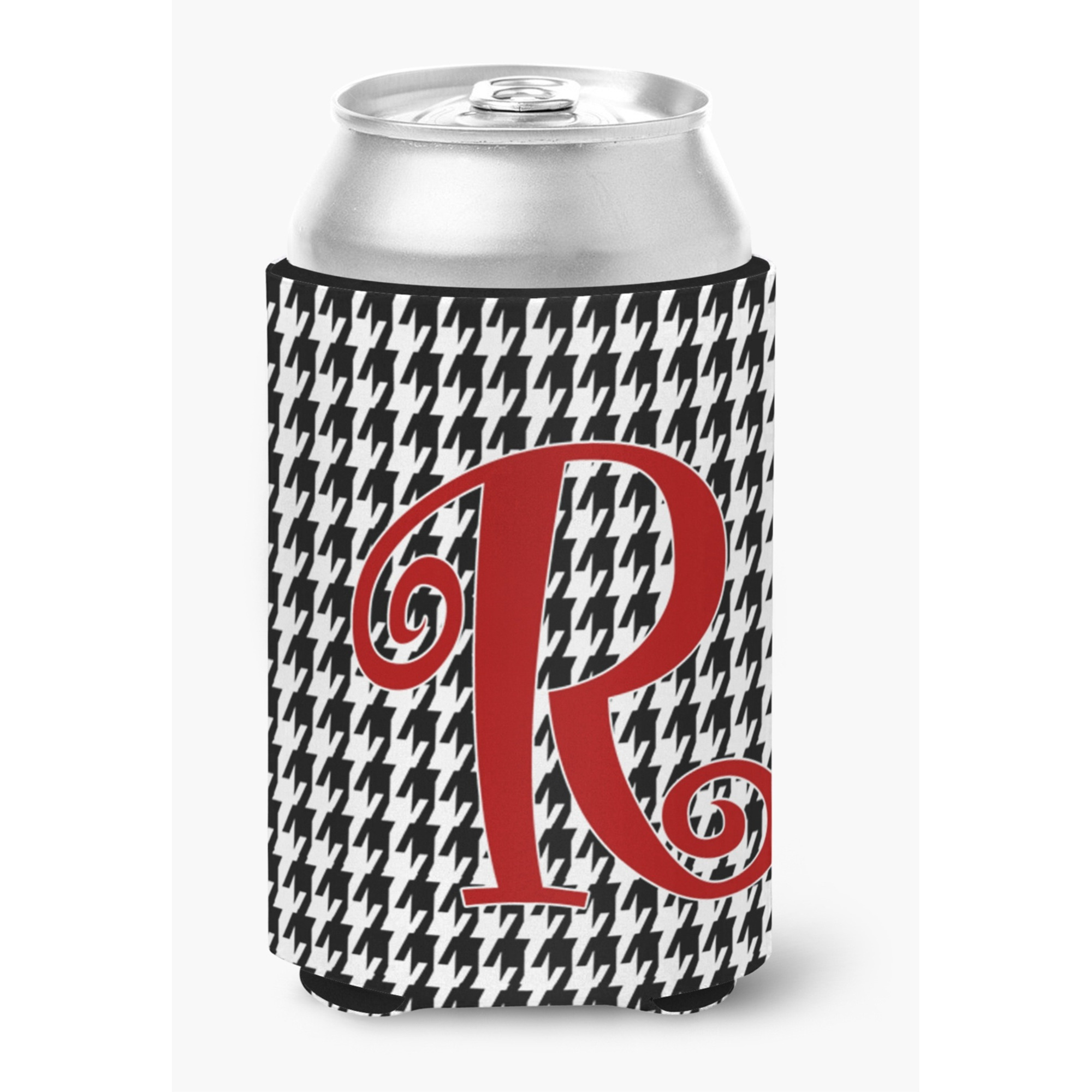 Letter R Initial Monogram - Houndstooth Black Can or Bottle Beverage Insulator Hugger
