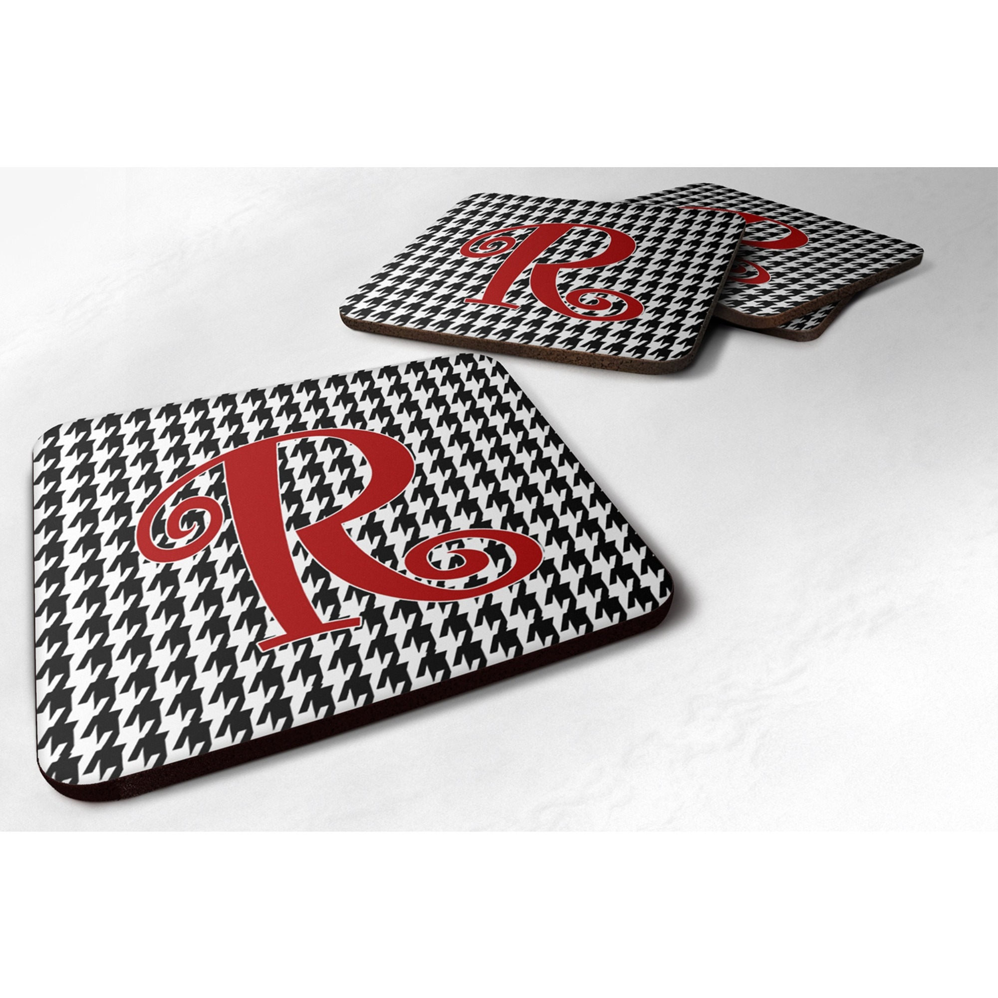&quotCaroline's Treasures CJ1035-RFC Monogram-Houndstooth Black Foam Coasters (Set of 4), Initial Letter R, 3.5"" H x 3.5"" W, Multicolor"
