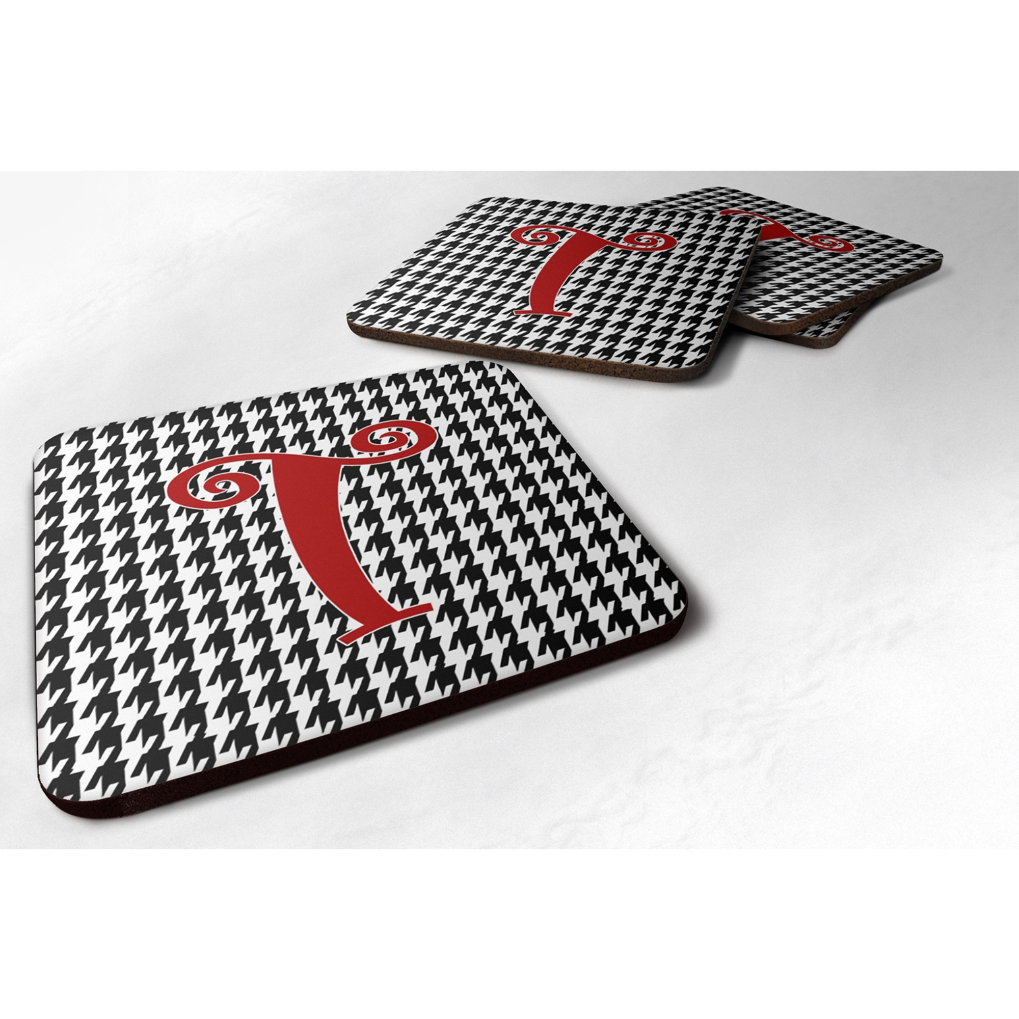 &quotCaroline's Treasures CJ1035-TFC Monogram-Houndstooth Black Foam Coasters (Set of 4), Initial Letter T, 3.5"" H x 3.5"" W, Multicolor"