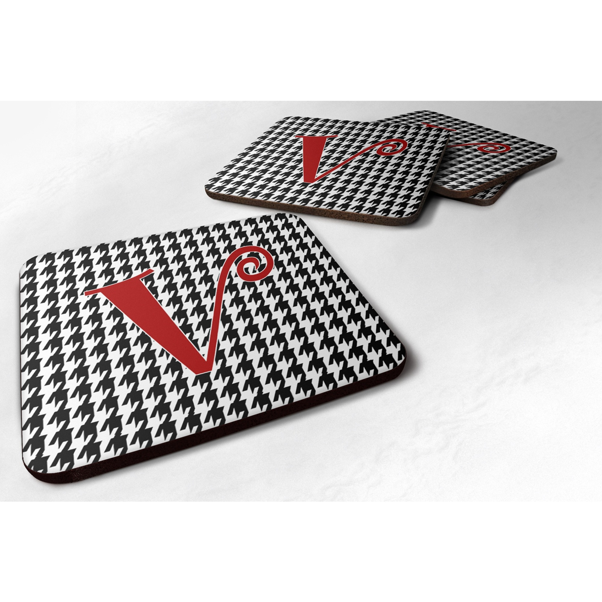 &quotCaroline's Treasures CJ1035-VFC Monogram-Houndstooth Black Foam Coasters (Set of 4), Initial Letter V, 3.5"" H x 3.5"" W, Multicolor"