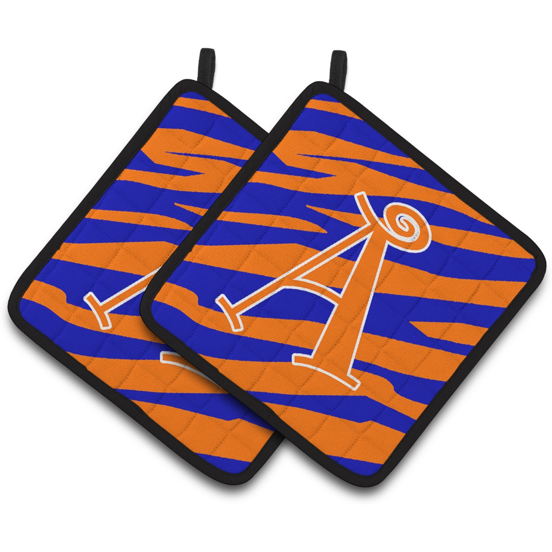 &quotCaroline's Treasures Letter A Monogram - Orange Blue Tiger Stripe Pair of Pot Holders CJ1036-APTHD, 7.5HX7.5W, Multicolor"