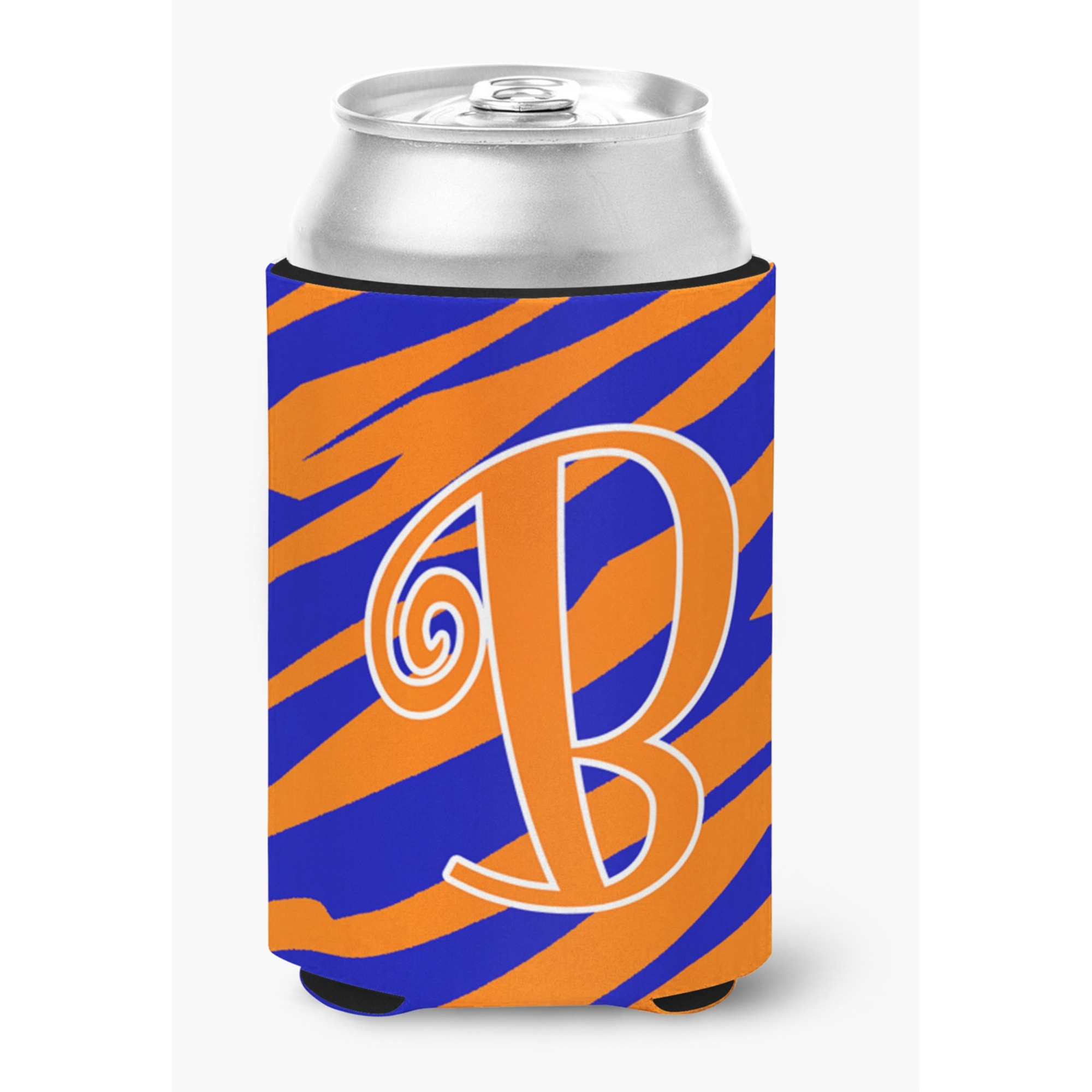 Letter B Initial Monogram - Tiger Stripe Blue and Orange Can Beverage Insulator Hugger