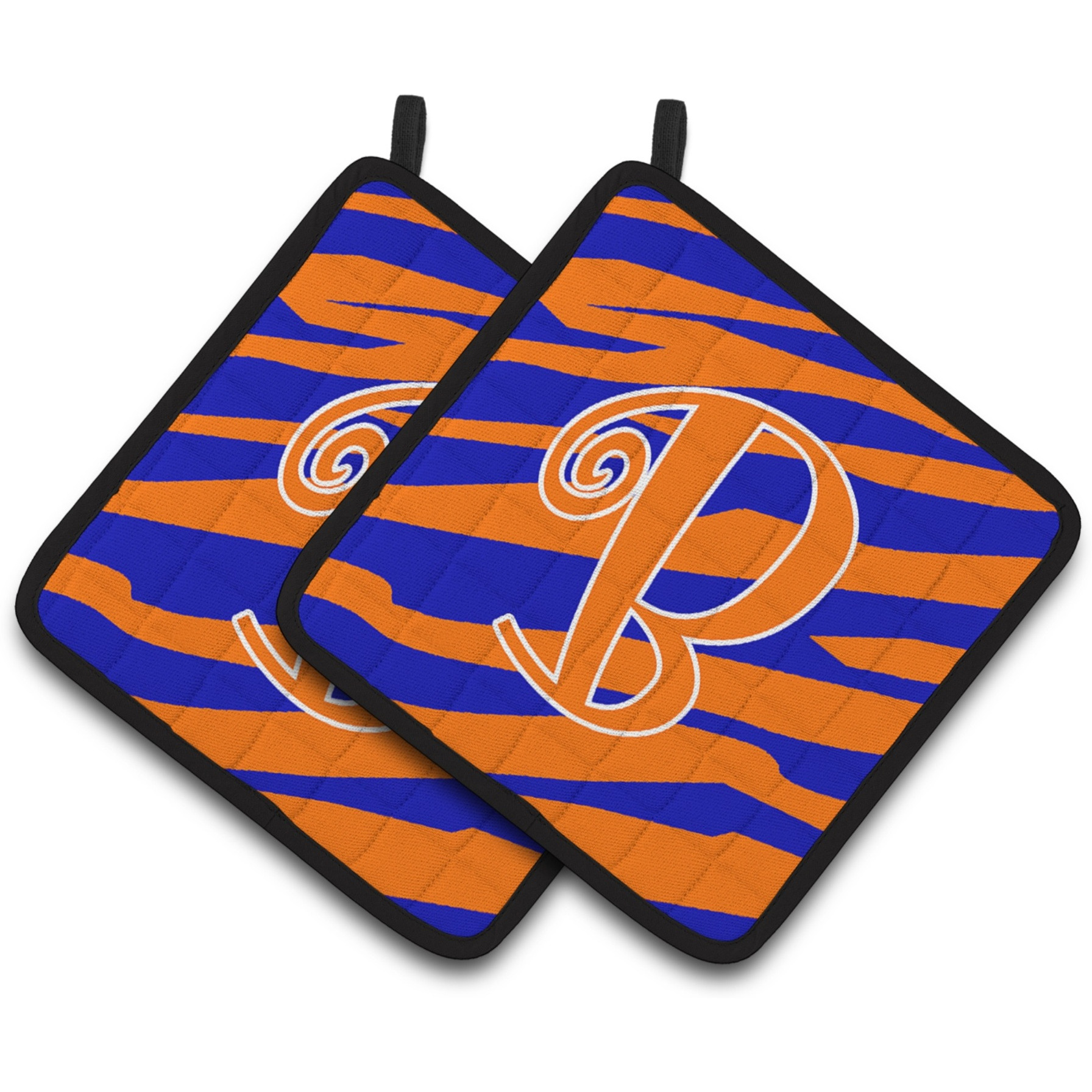 &quotCaroline's Treasures Monogram Initial B Tiger Stripe Blue & Orange Pair of Pot Holders CJ1036-BPTHD, 7.5HX7.5W, Multicolor"