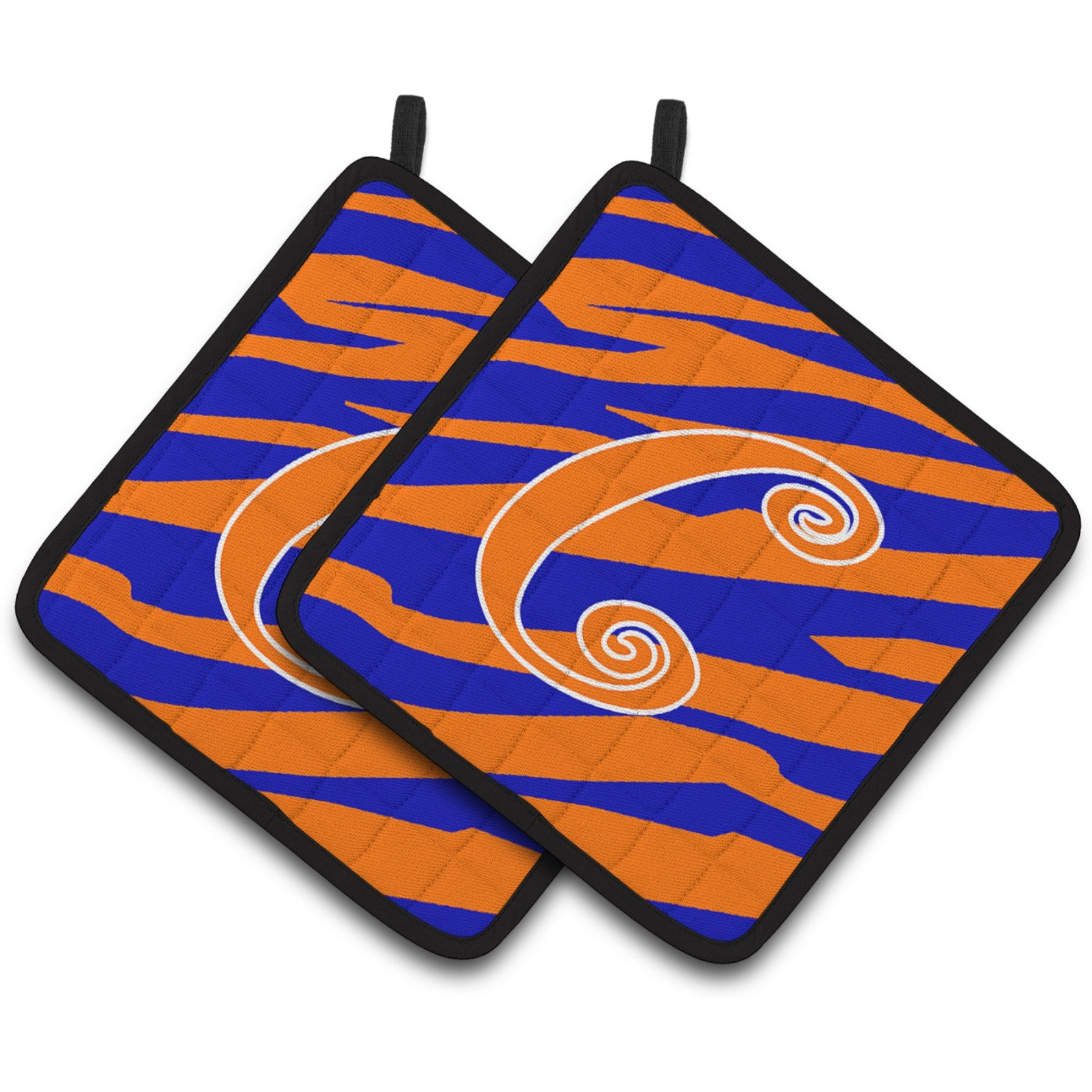 &quotCaroline's Treasures Monogram Initial C Tiger Stripe Blue & Orange Pair of Pot Holders CJ1036-CPTHD, 7.5HX7.5W, Multicolor"