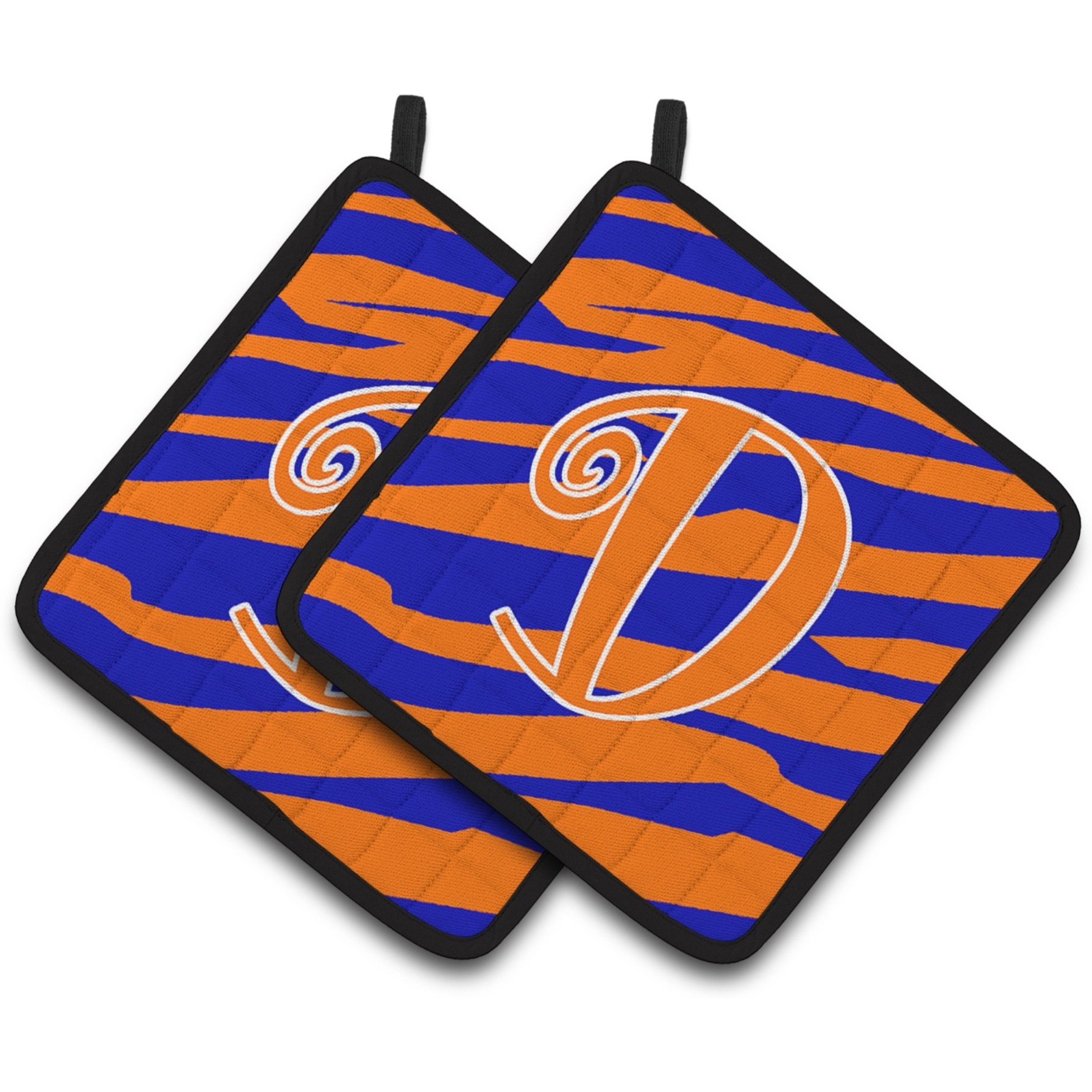 &quotCaroline's Treasures Monogram Initial D Tiger Stripe Blue & Orange Pair of Pot Holders CJ1036-DPTHD, 7.5HX7.5W, Multicolor"