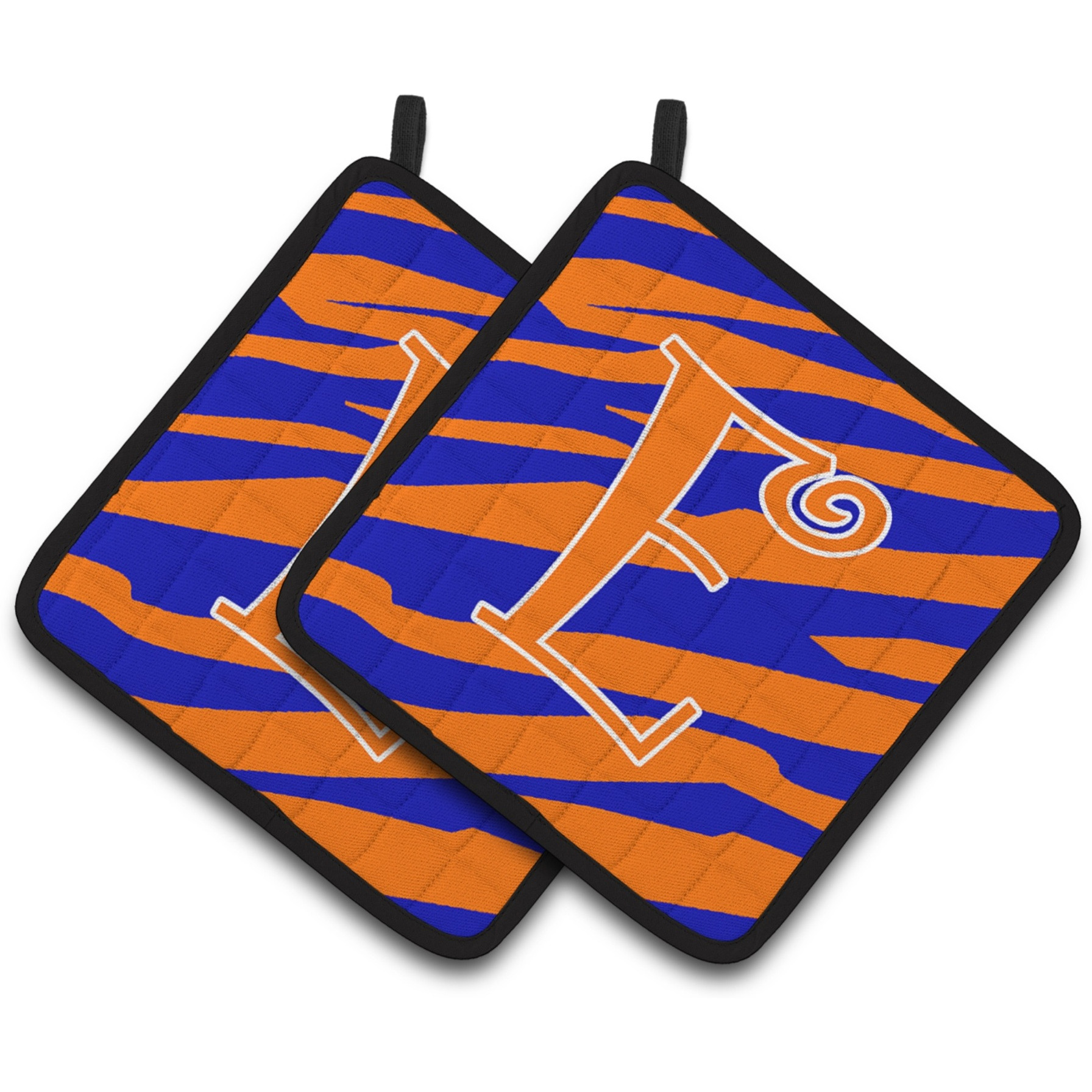 &quotCaroline's Treasures Monogram Initial E Tiger Stripe Blue & Orange Pair of Pot Holders CJ1036-EPTHD, 7.5HX7.5W, Multicolor"