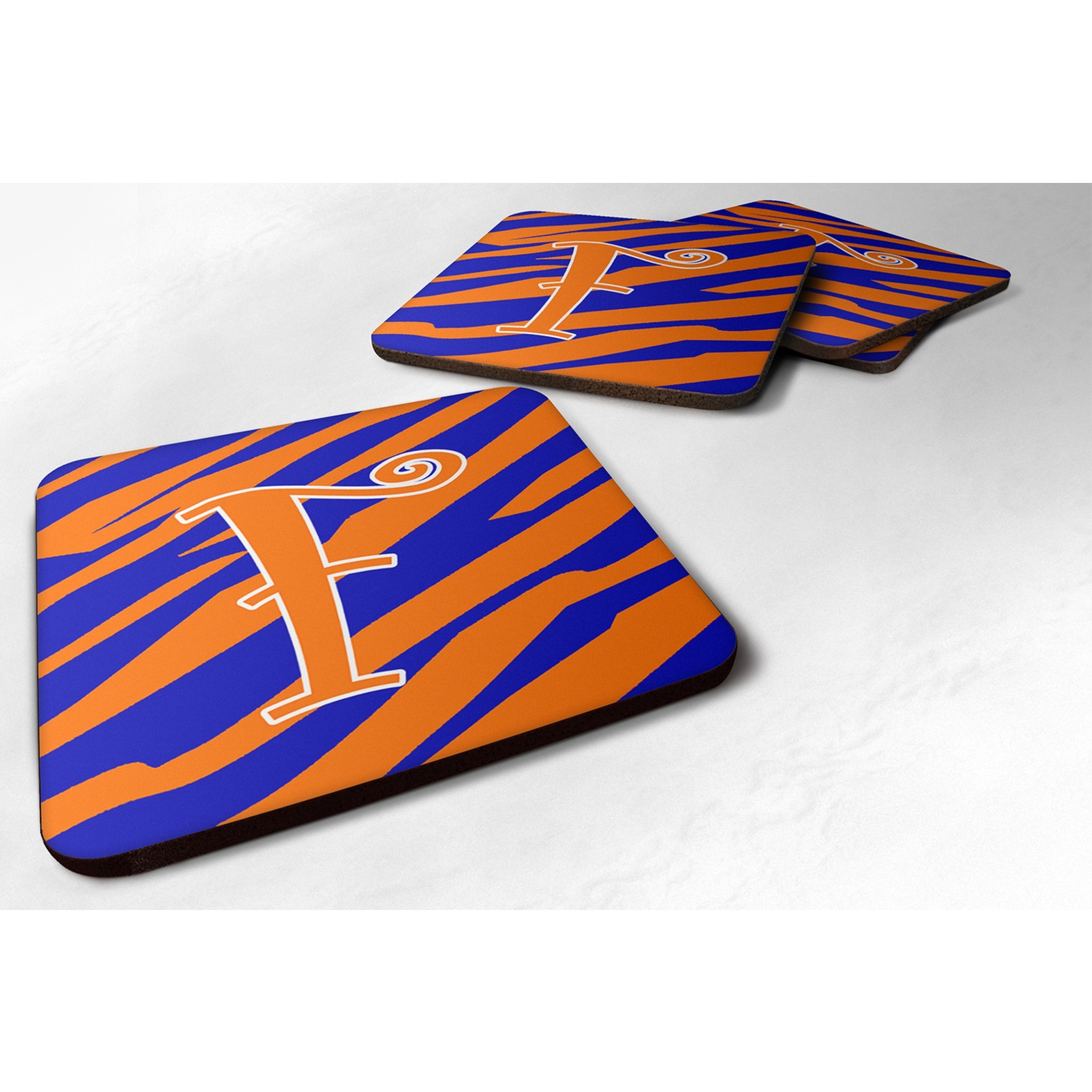 &quotCaroline's Treasures CJ1036-FFC Monogram-Tiger Stripe Blue and Orange Foam Coasters (Set of 4), Initial Letter F, 3.5"" H x 3.5"" W, Multicolor"
