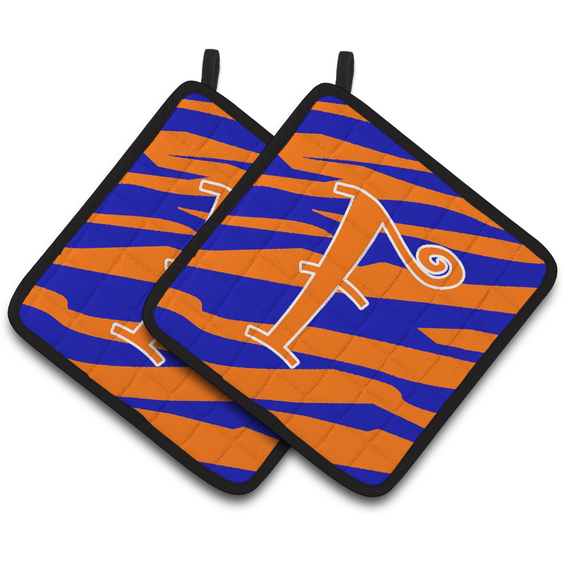 &quotCaroline's Treasures Monogram Initial F Tiger Stripe Blue & Orange Pair of Pot Holders CJ1036-FPTHD, 7.5HX7.5W, Multicolor"