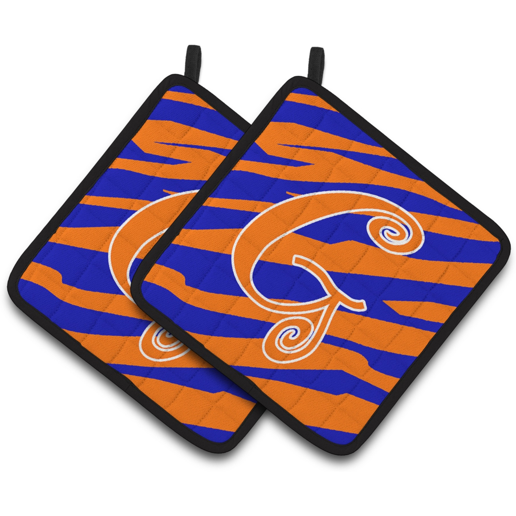 &quotCaroline's Treasures Monogram Initial G Tiger Stripe Blue & Orange Pair of Pot Holders CJ1036-GPTHD, 7.5HX7.5W, Multicolor"