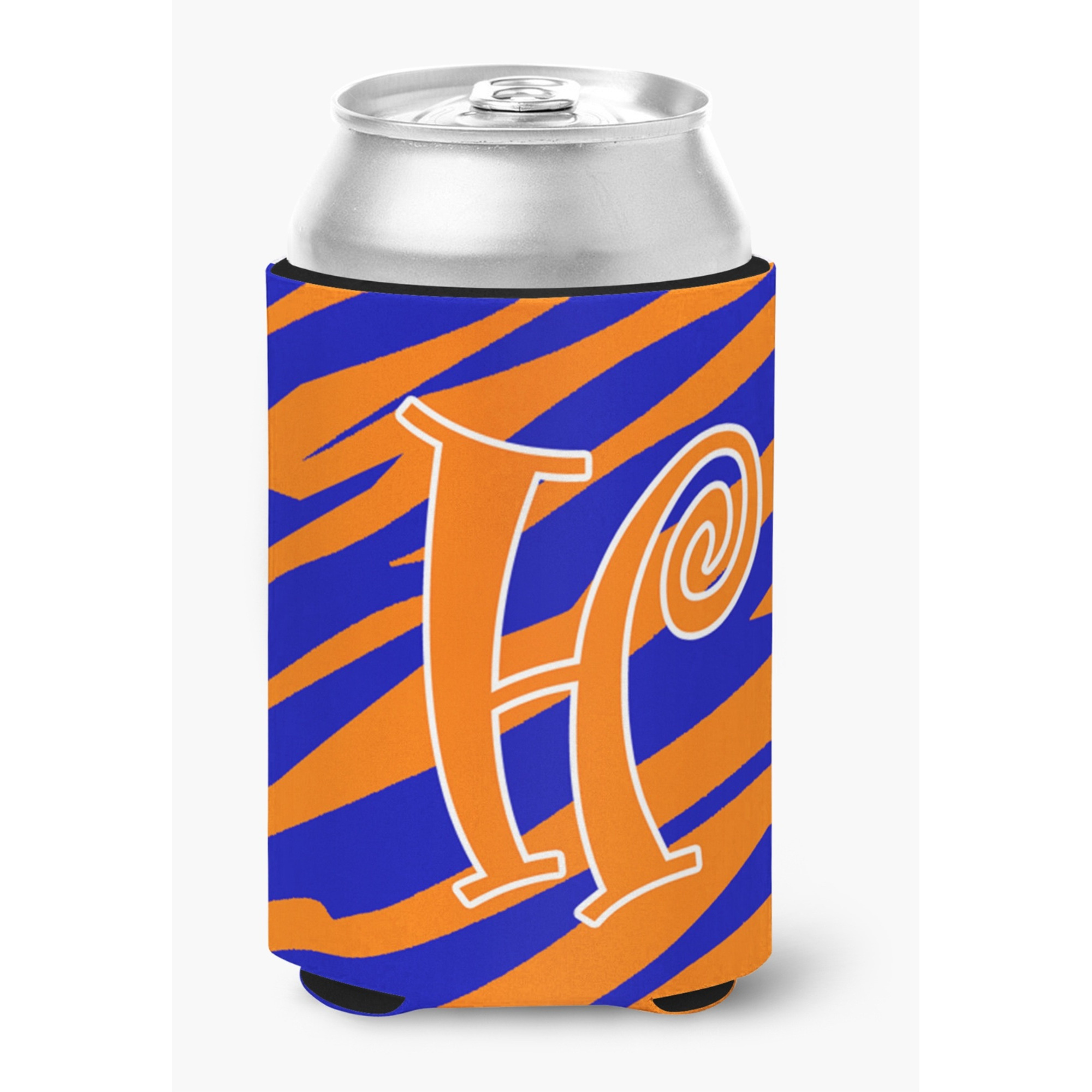 Letter H Initial Monogram - Tiger Stripe Blue and Orange Can Beverage Insulator Hugger