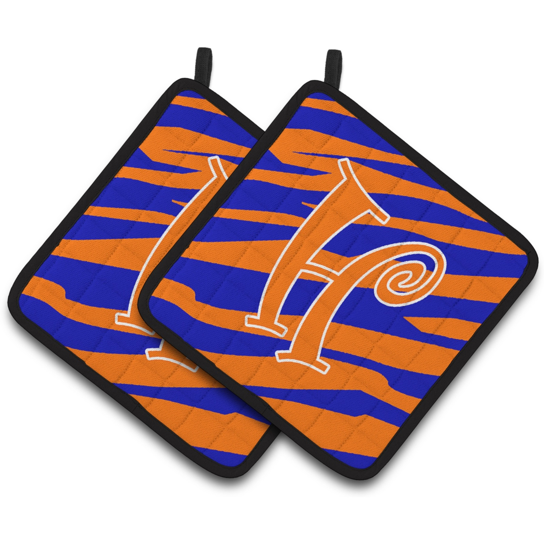 &quotCaroline's Treasures Monogram Initial H Tiger Stripe Blue & Orange Pair of Pot Holders CJ1036-HPTHD, 7.5HX7.5W, Multicolor"