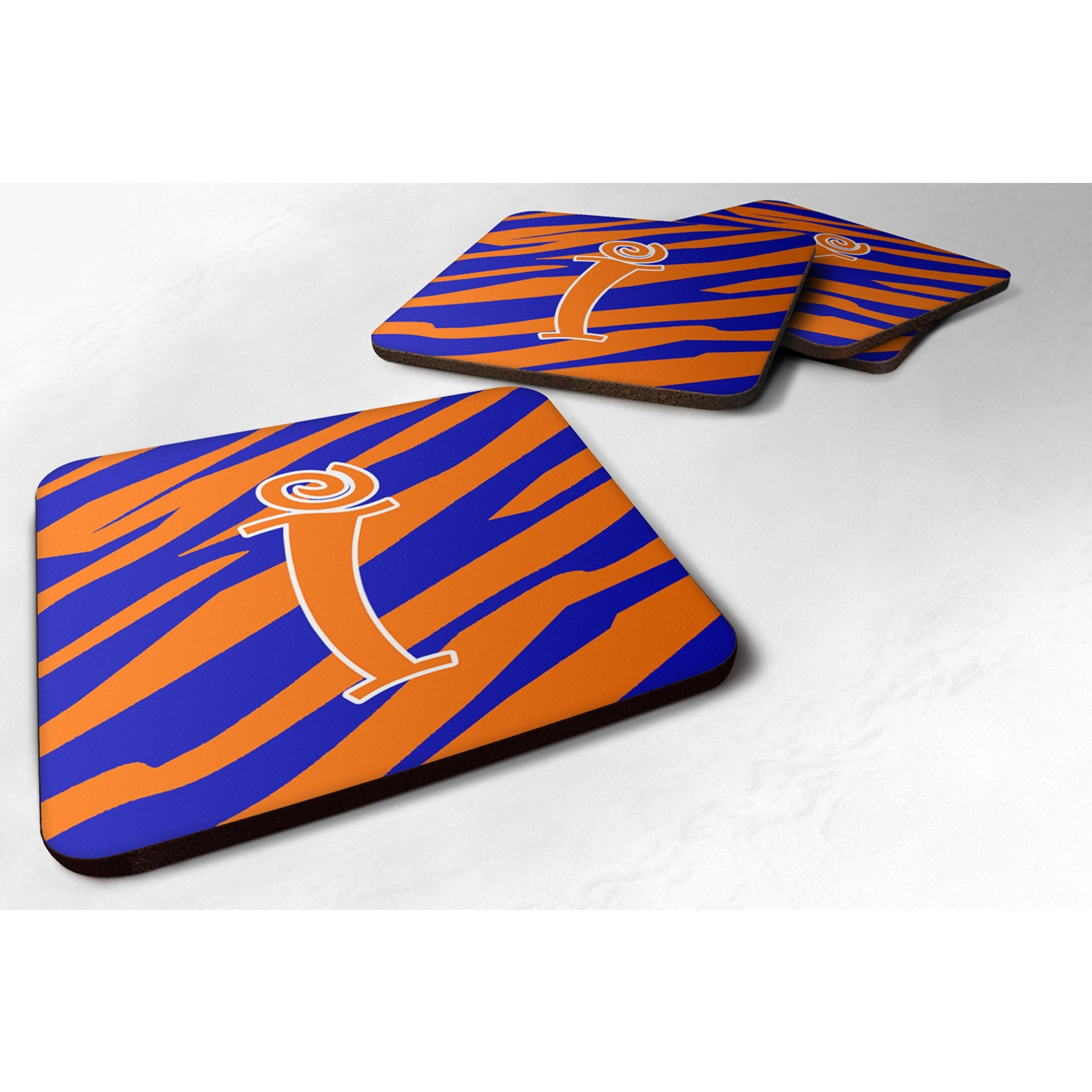 &quotCaroline's Treasures CJ1036-IFC Monogram-Tiger Stripe Blue and Orange Foam Coasters (Set of 4), Initial Letter I, 3.5"" H x 3.5"" W, Multicolor"