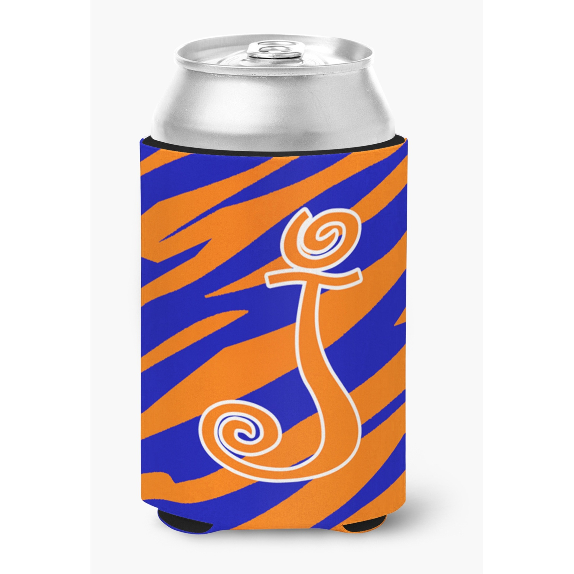 Letter J Initial Monogram - Tiger Stripe Blue and Orange Can Beverage Insulator Hugger