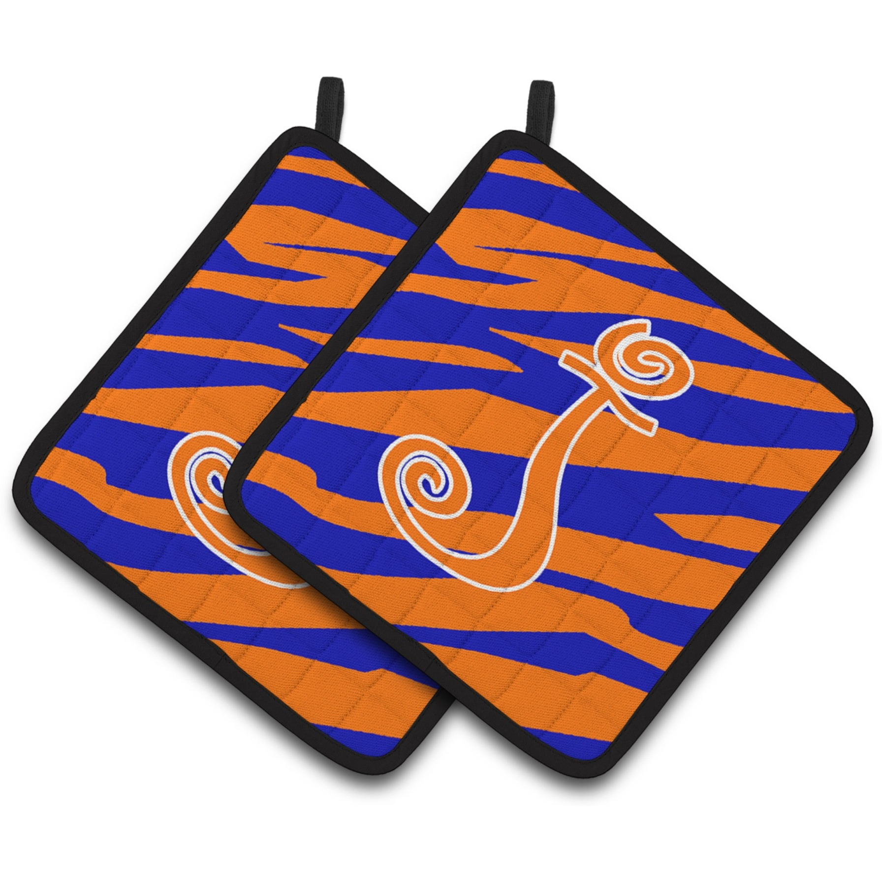 &quotCaroline's Treasures Monogram Initial J Tiger Stripe Blue & Orange Pair of Pot Holders CJ1036-JPTHD, 7.5HX7.5W, Multicolor"