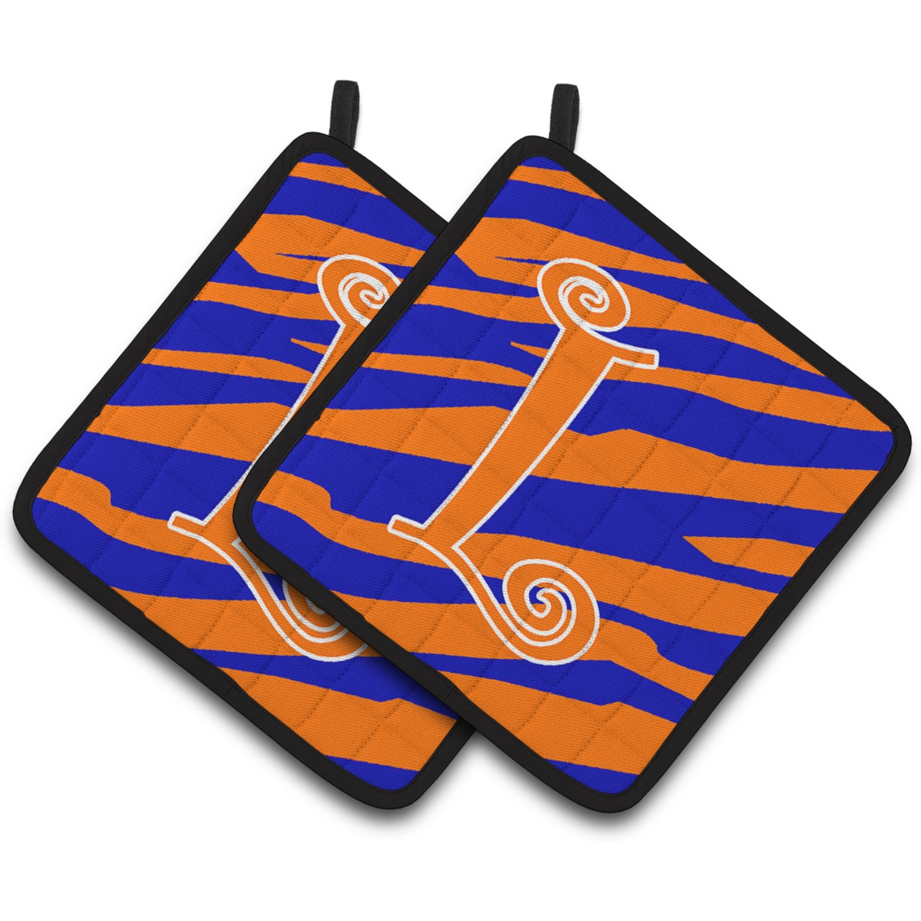 &quotCaroline's Treasures Monogram Initial L Tiger Stripe Blue & Orange Pair of Pot Holders CJ1036-LPTHD, 7.5HX7.5W, Multicolor"