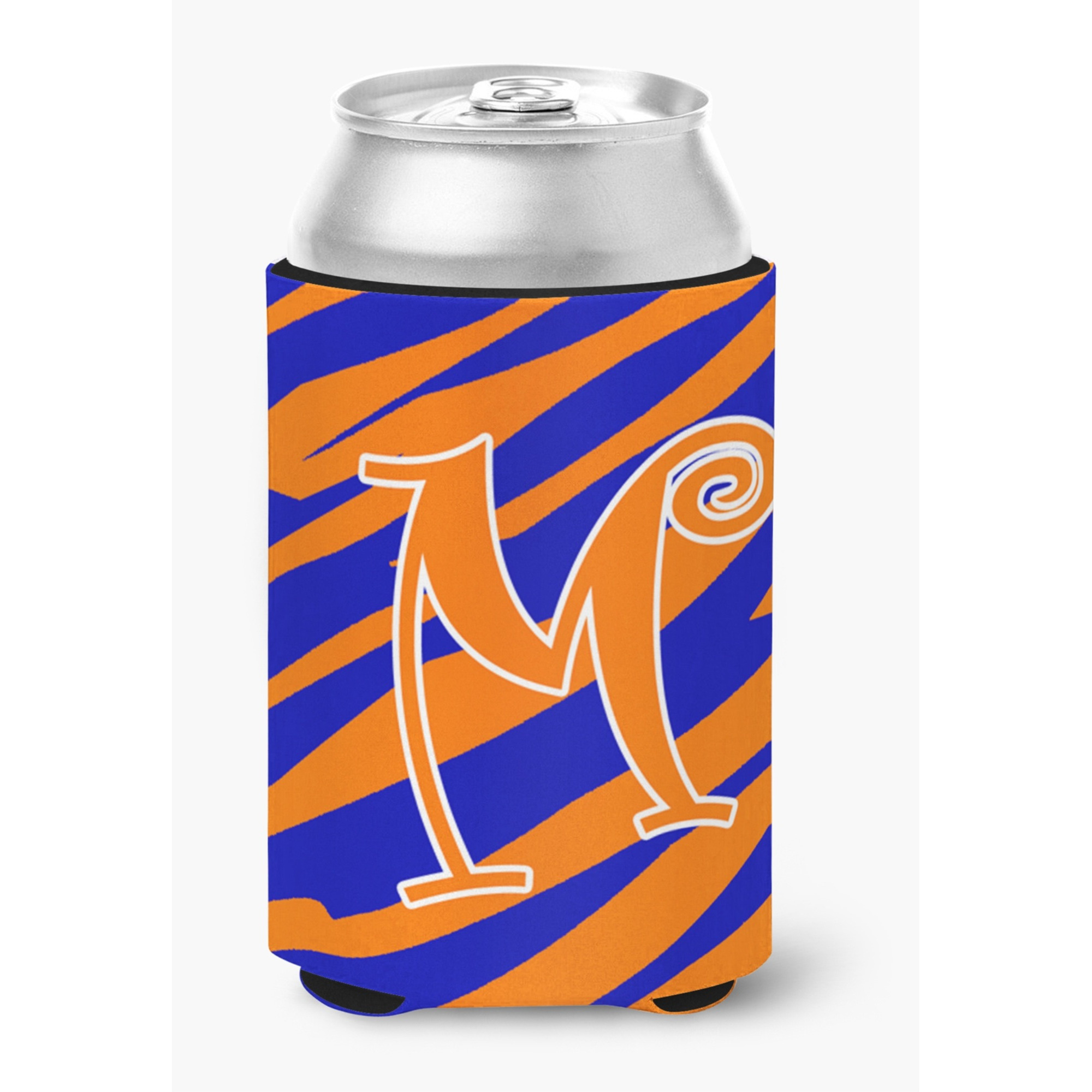 Letter M Initial Monogram - Tiger Stripe Blue and Orange Can Beverage Insulator Hugger