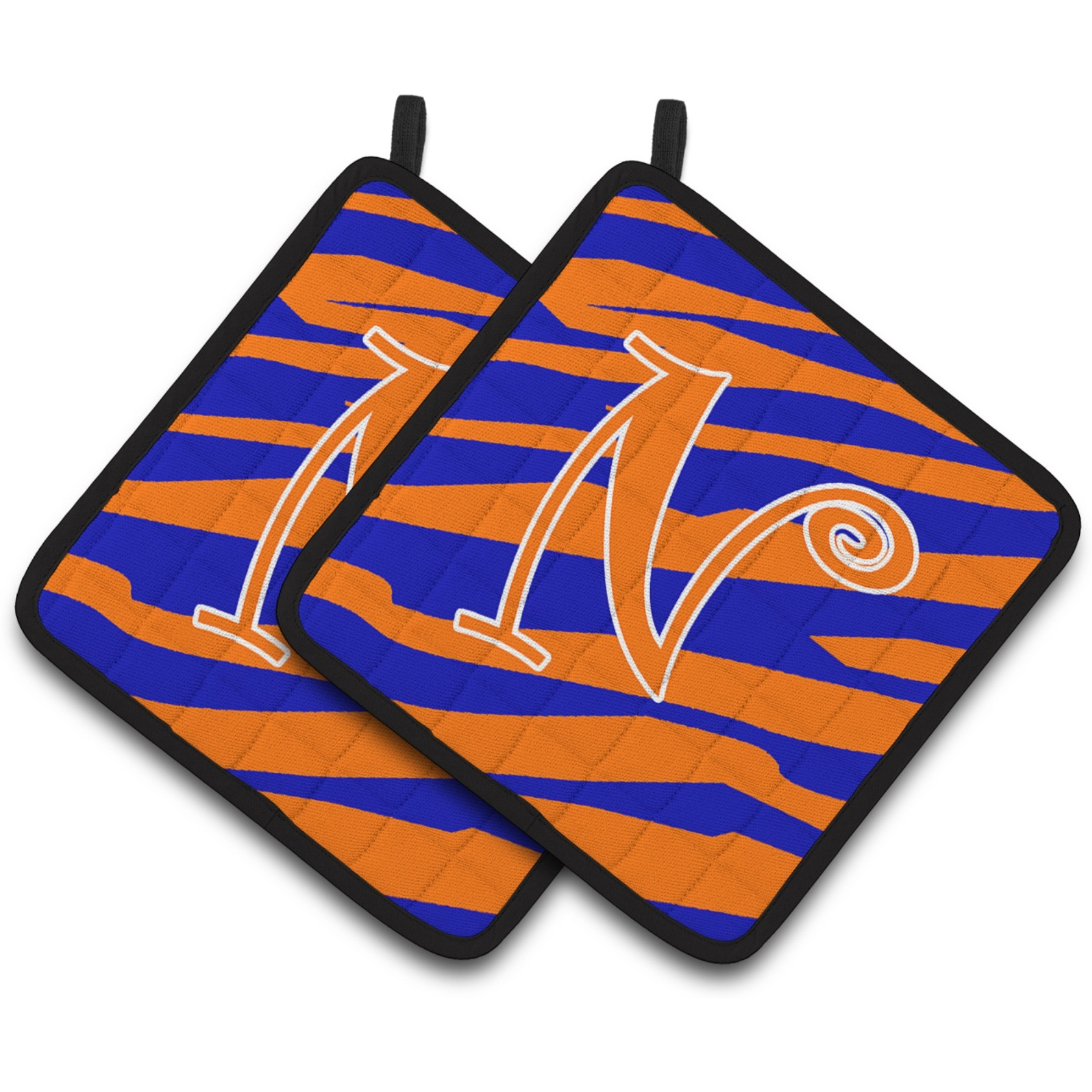 &quotCaroline's Treasures Monogram Initial N Tiger Stripe Blue & Orange Pair of Pot Holders CJ1036-NPTHD, 7.5HX7.5W, Multicolor"