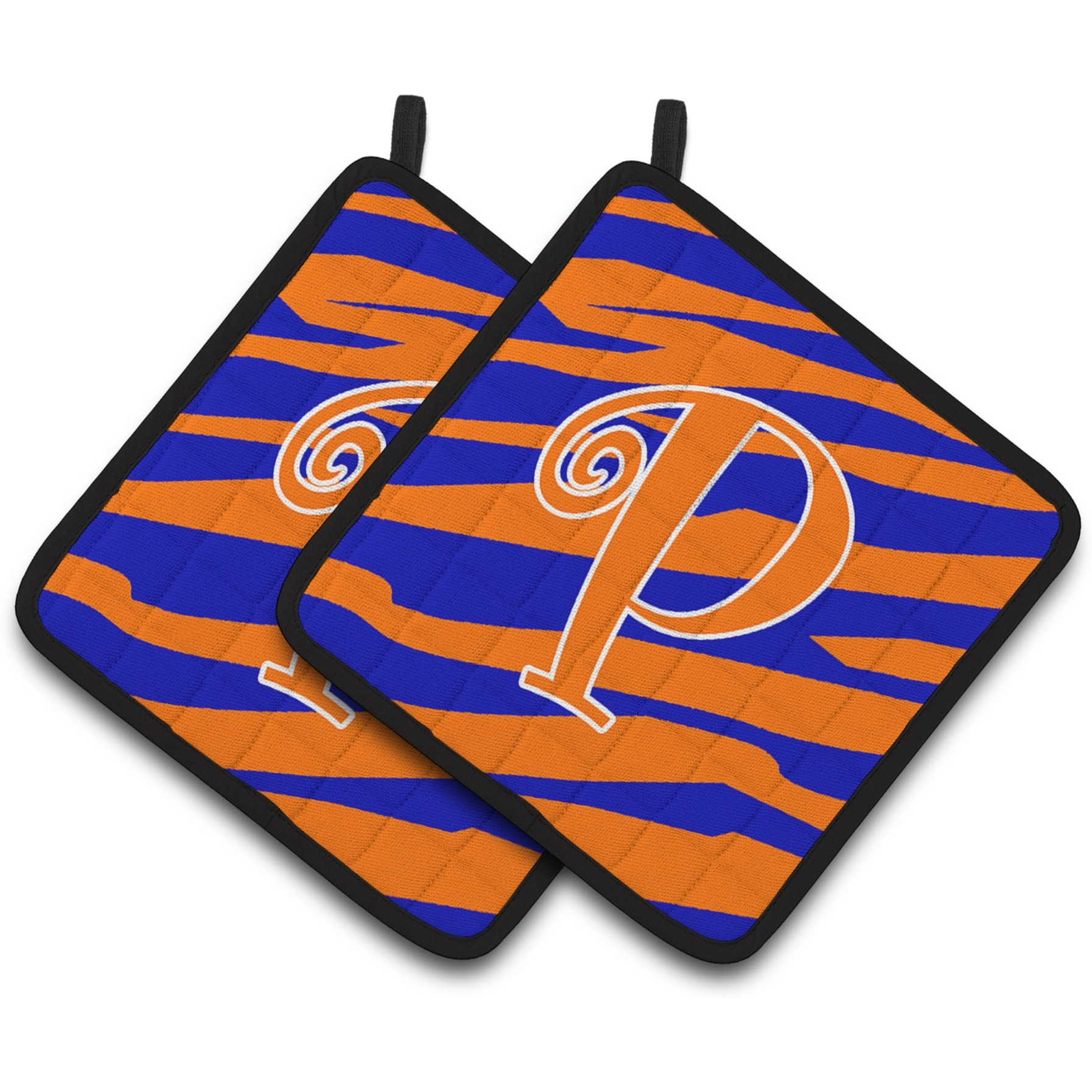 &quotCaroline's Treasures Monogram Initial P Tiger Stripe Blue & Orange Pair of Pot Holders CJ1036-PPTHD, 7.5HX7.5W, Multicolor"