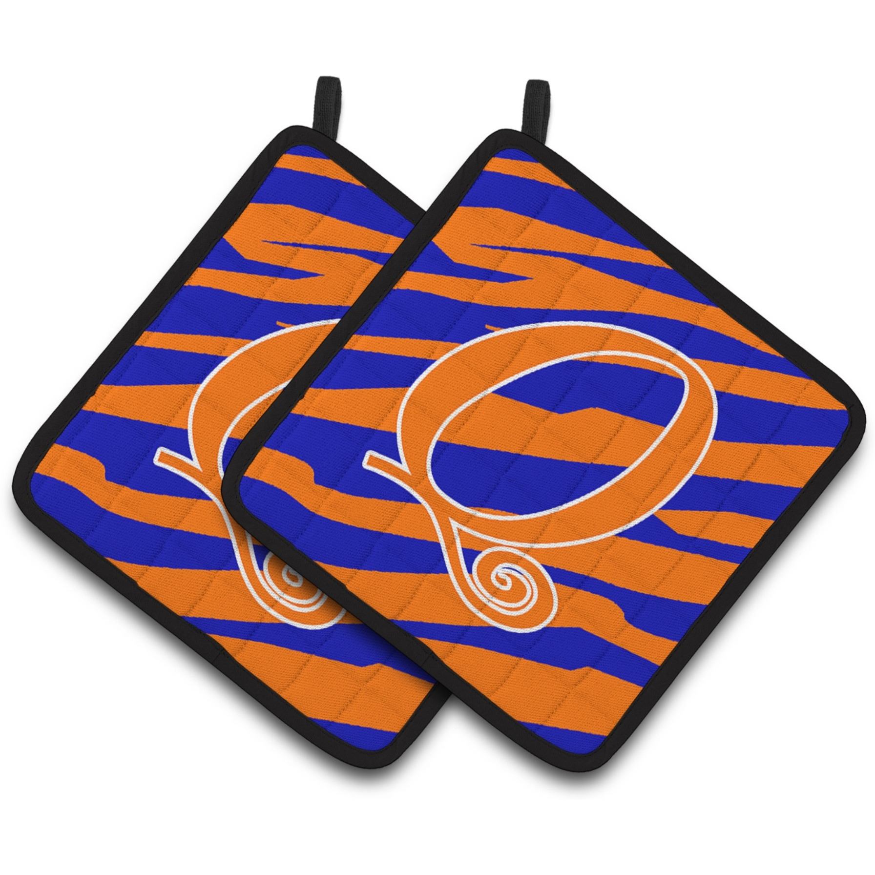 &quotCaroline's Treasures Monogram Initial Q Tiger Stripe Blue & Orange Pair of Pot Holders CJ1036-QPTHD, 7.5HX7.5W, Multicolor"