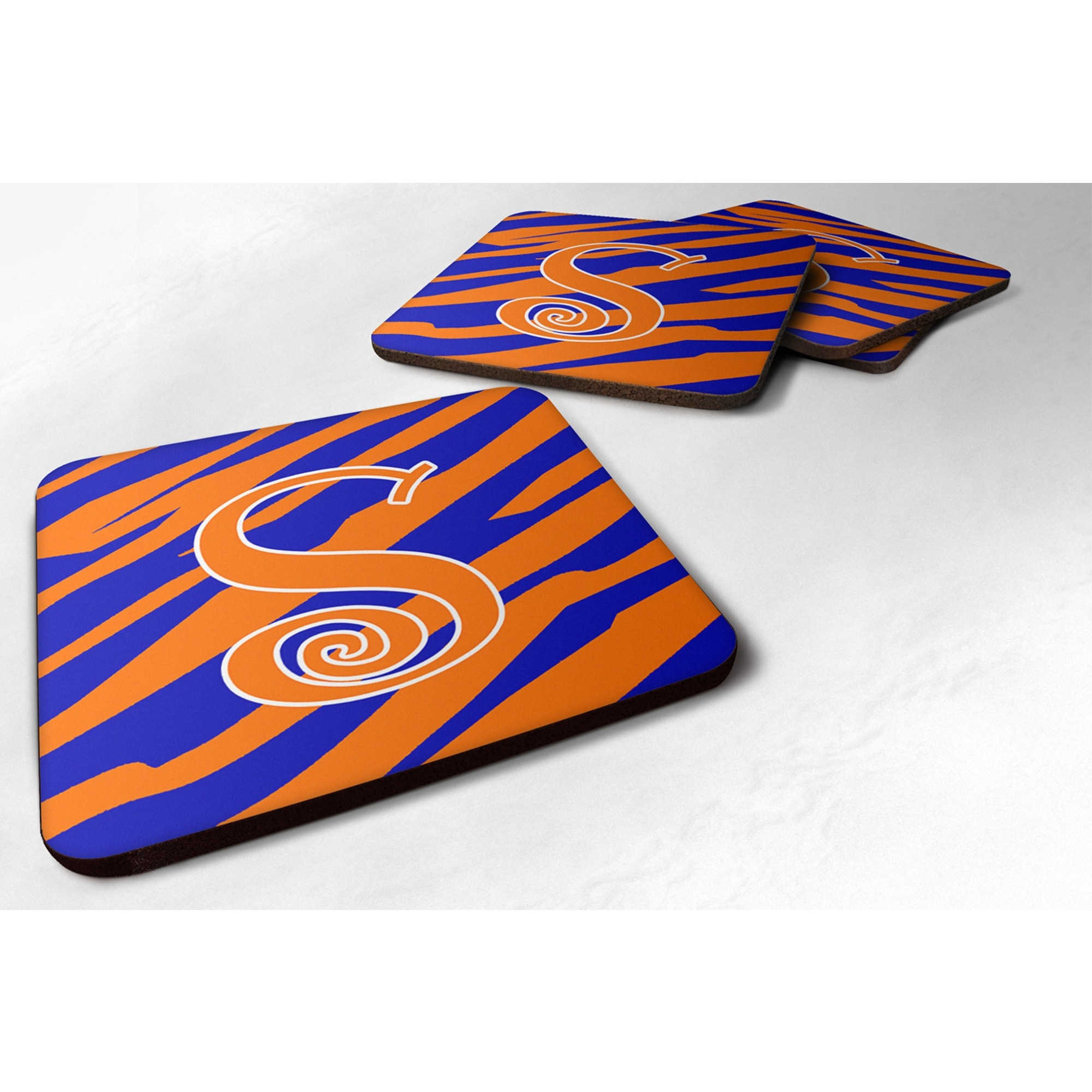 &quotCaroline's Treasures CJ1036-SFC Monogram-Tiger Stripe Blue and Orange Foam Coasters (Set of 4), Initial Letter S, 3.5"" H x 3.5"" W, Multicolor"
